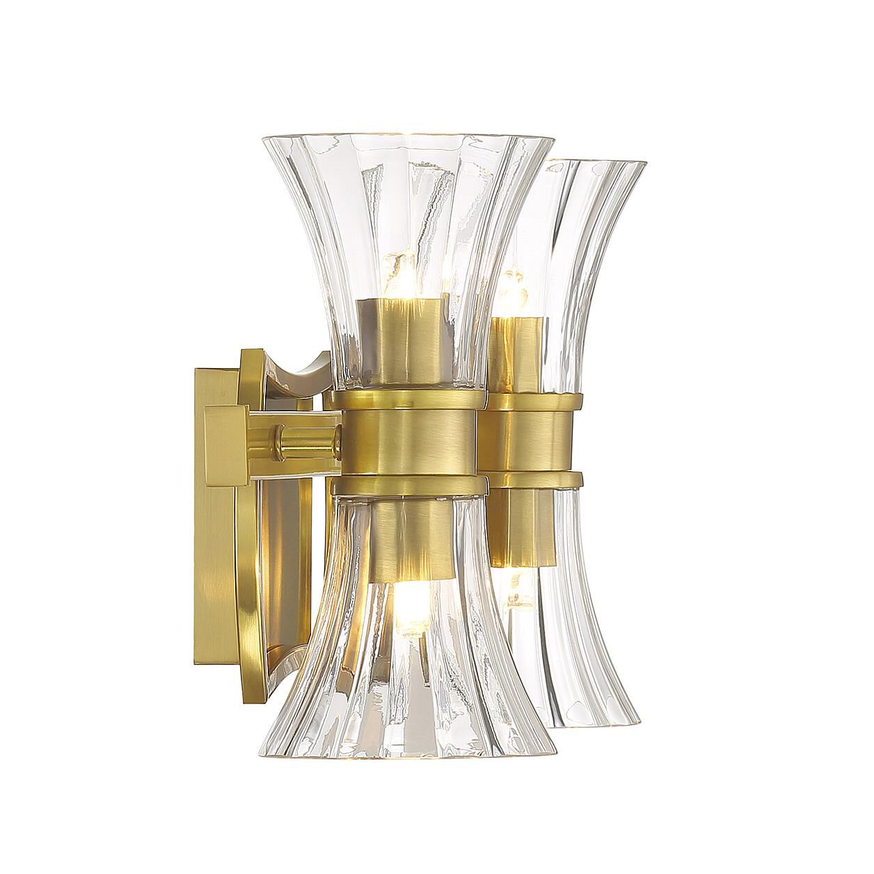 Shown in Warm Brass finish and Clear Ribbed glass