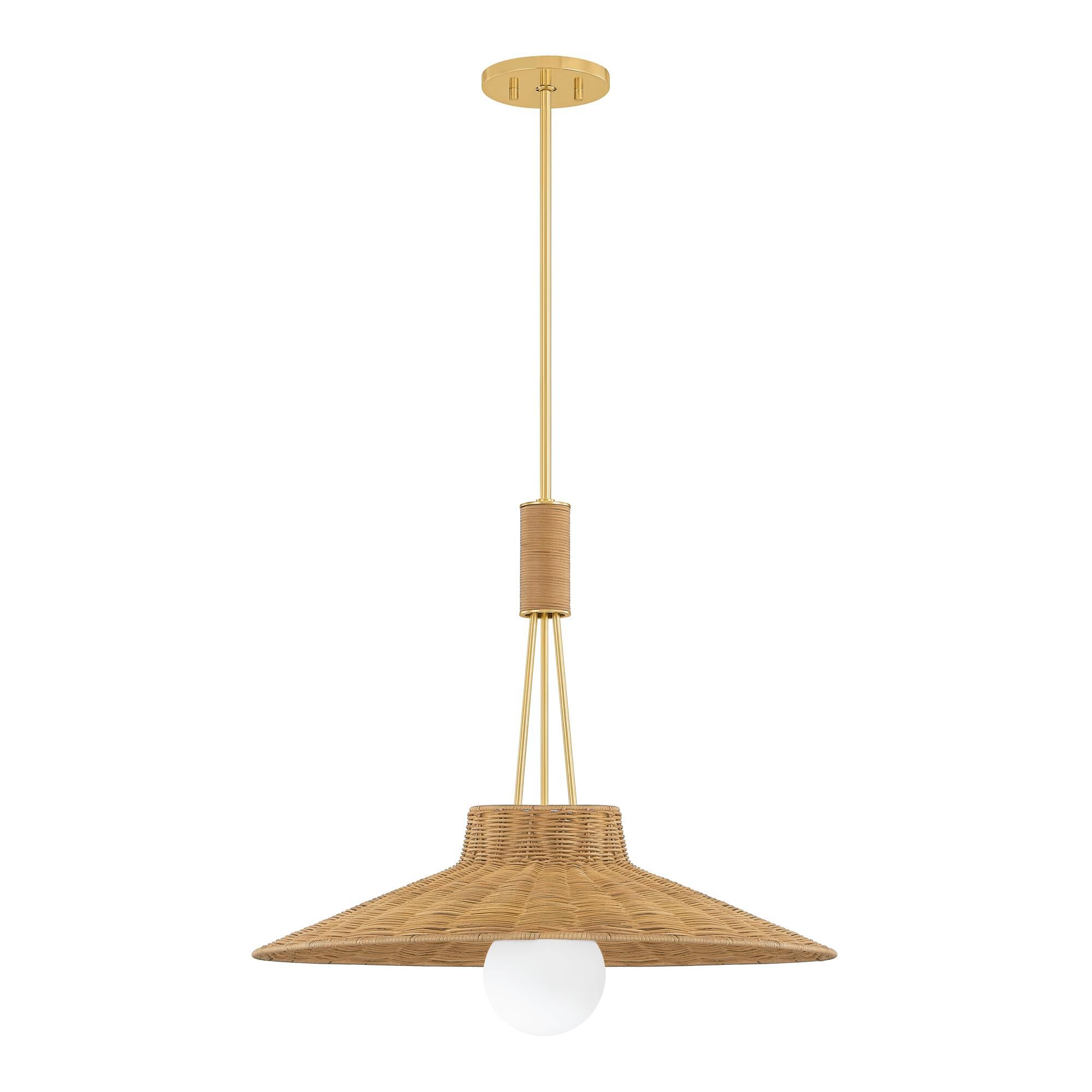 Shown in Aged Brass finish and Natural Woven shade