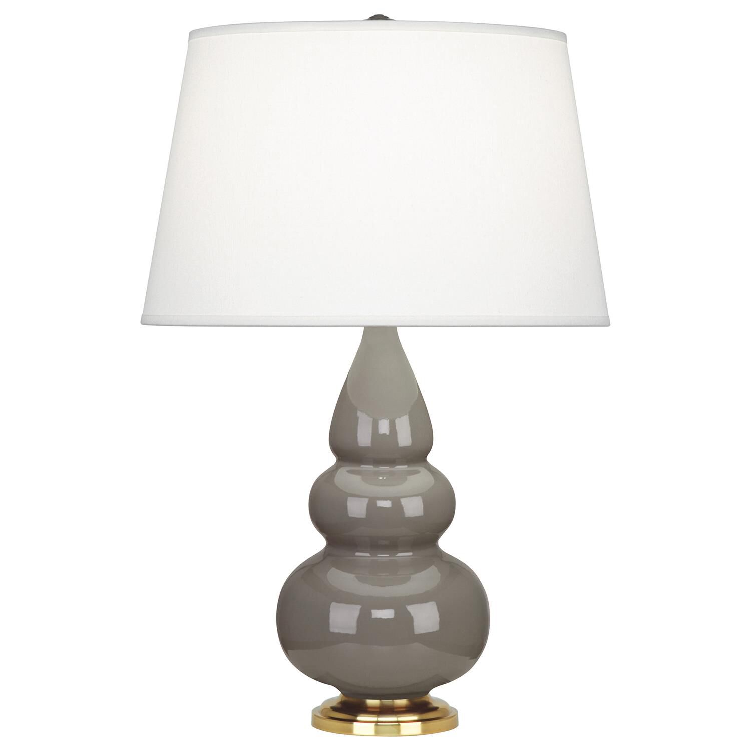 Shown in Smoky Taupe Glazed Ceramic With Antique Natural Brass ed Accents finish and Pearl Dupioni Fabric shade