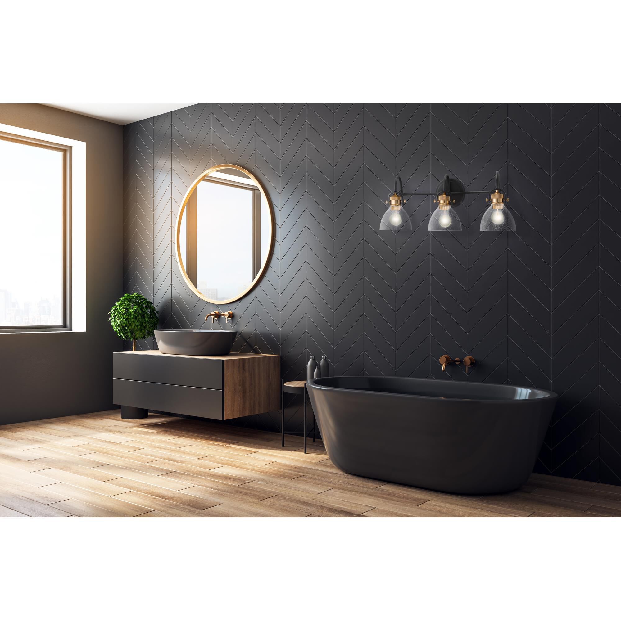 Shown in Painted Bronze with Natural Brush finish and Clear Seedy glass