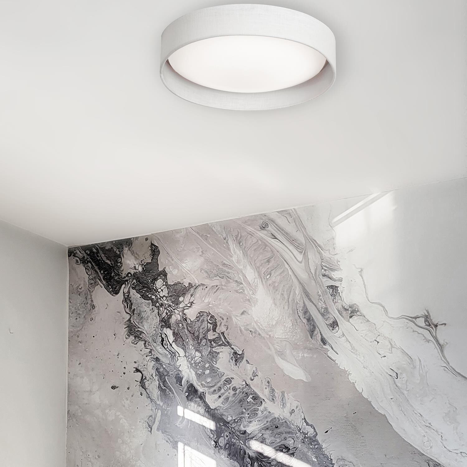 Shown in White and Satin Chrome finish and White Fabric Round shade