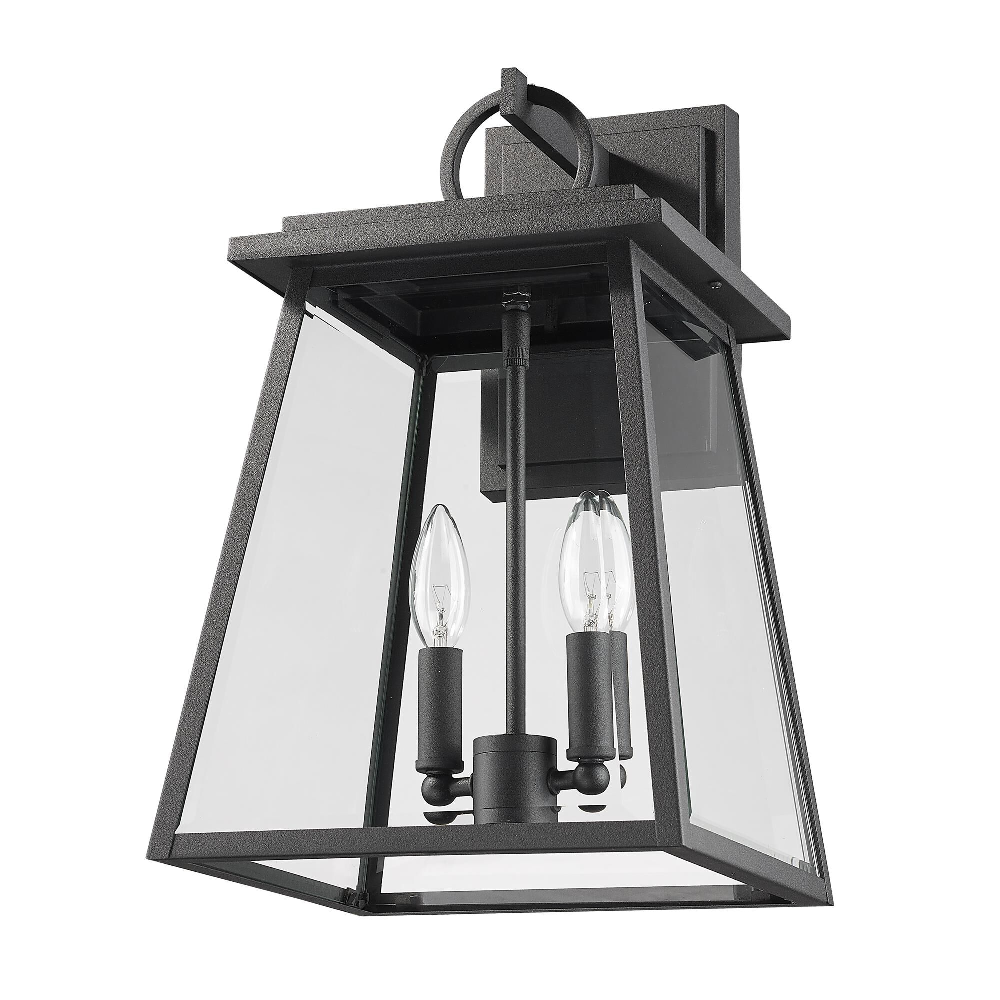 Shown in Black finish and Clear Beveled glass