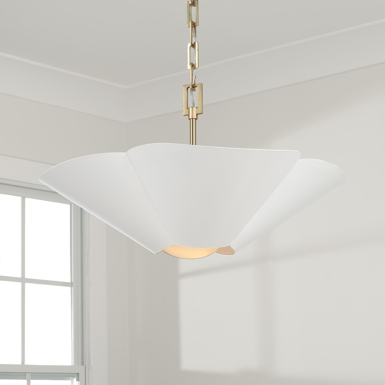 Shown in Matte Brass And White finish and White Metal  With Painted Matte Brass Interior shade