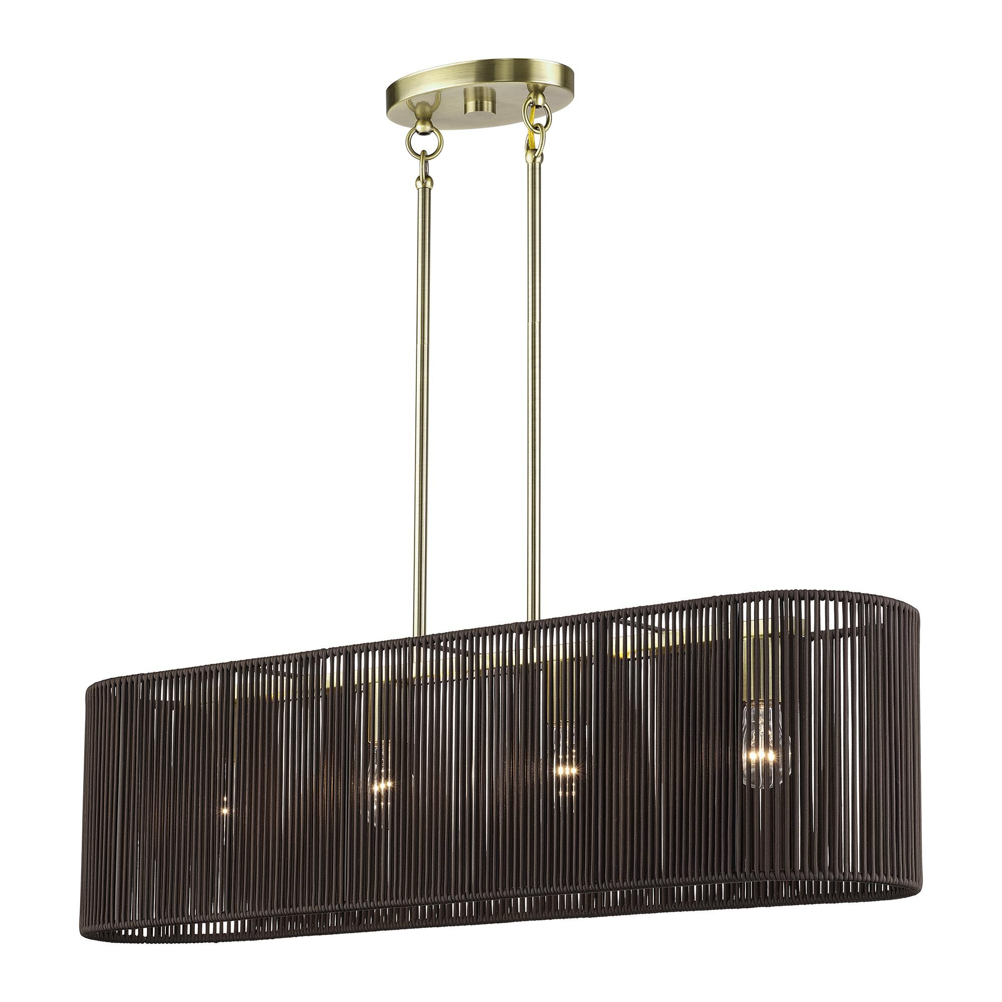 Shown in Antique Brass finish and Hand-Woven Dark Chocolate Color Polyester Rope shade