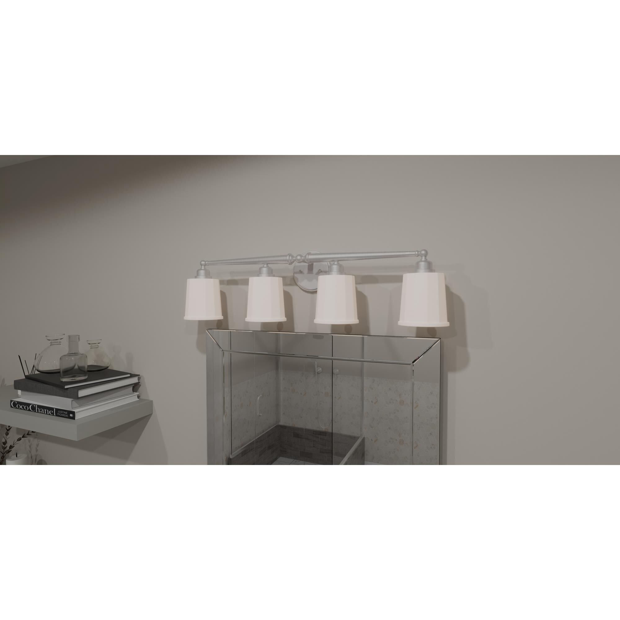 Shown in Brushed Nickel finish and Clear Sandblasted glass