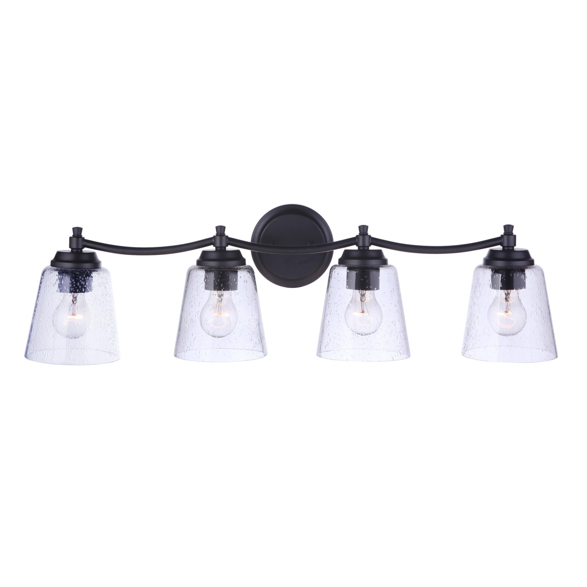 Shown in Flat Black finish and Clear Seeded glass and Glass shade