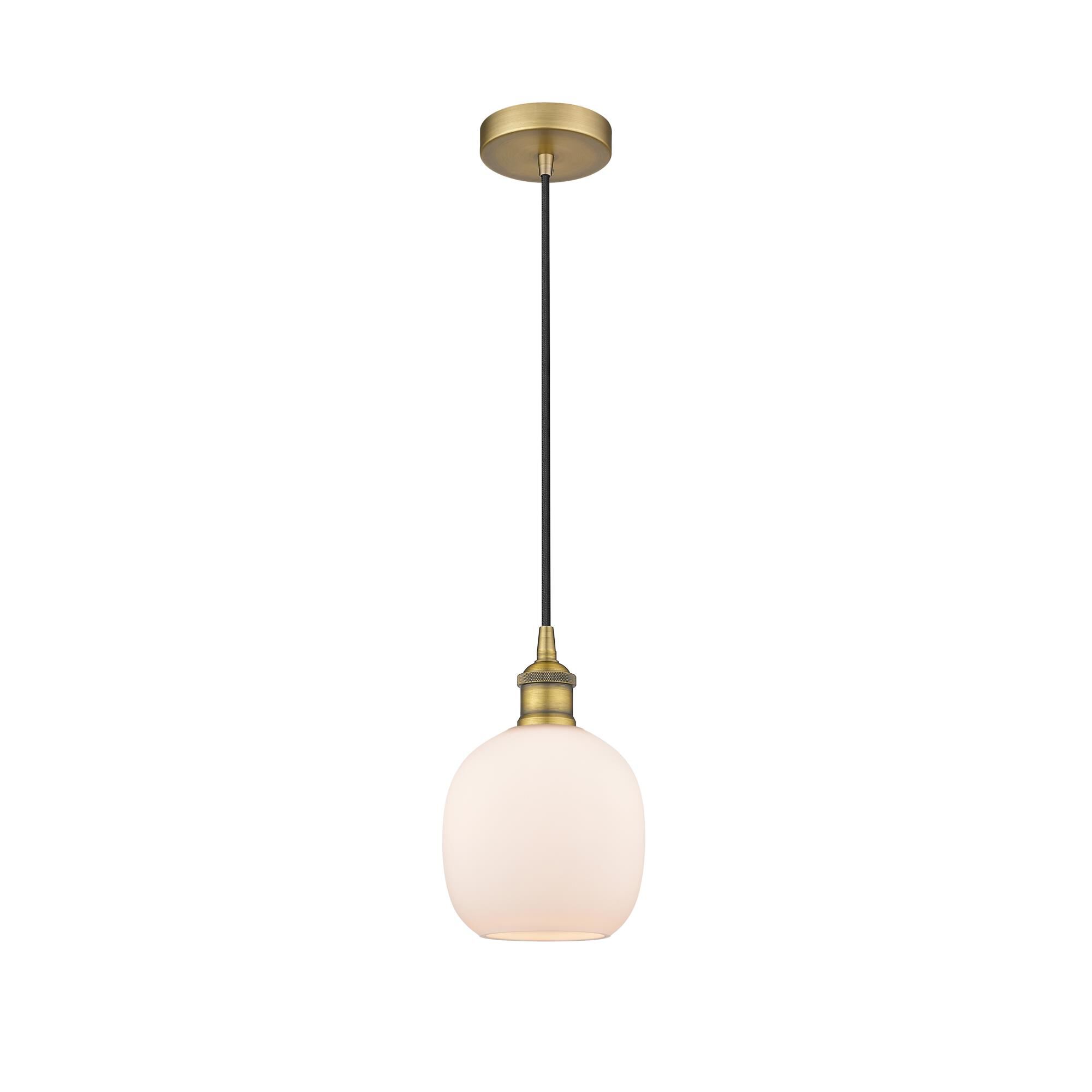 Shown in Brushed Brass finish and Matte White Belfast glass