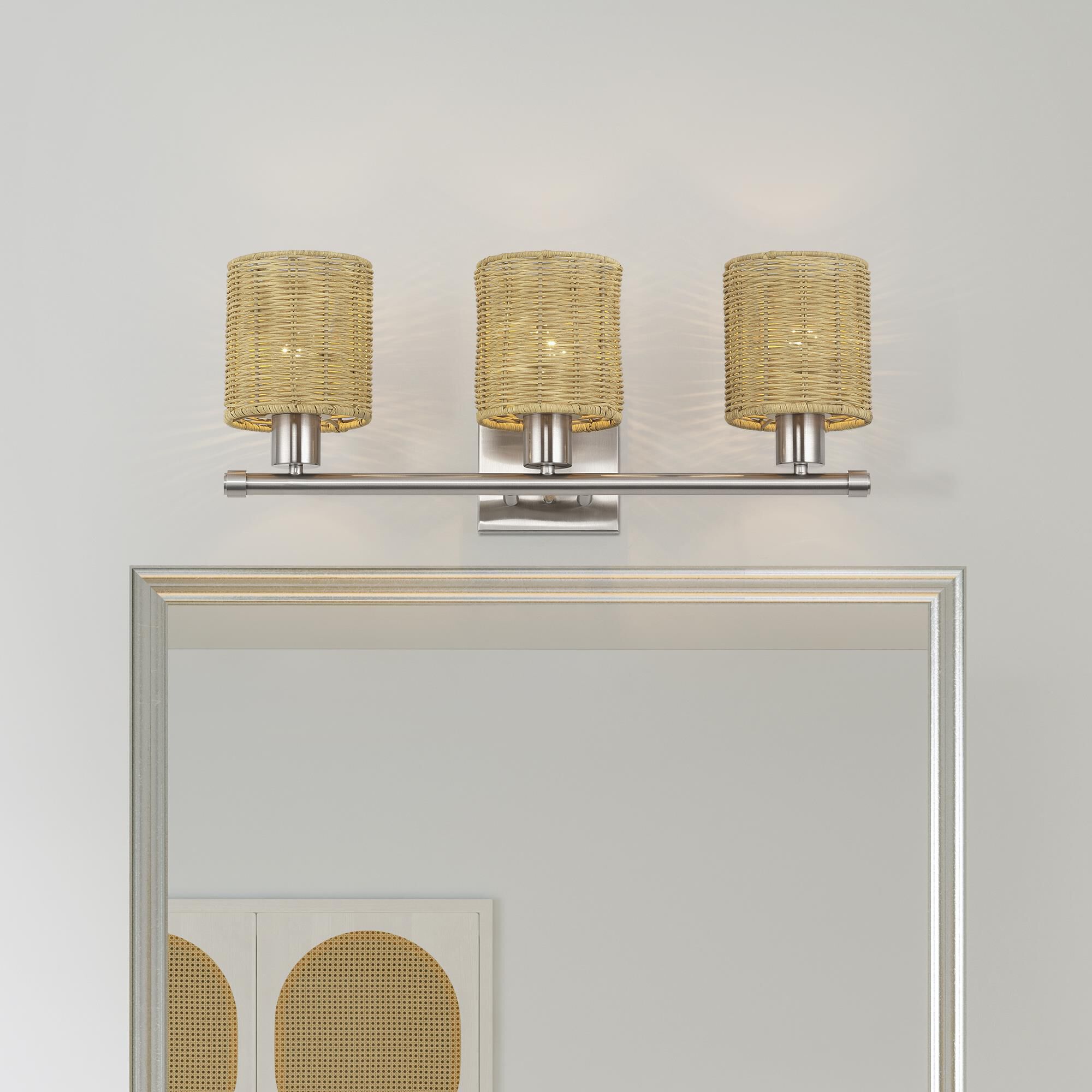Shown in Brushed Nickel finish and Hand-Woven Rustic Walnut Color Rattan shade