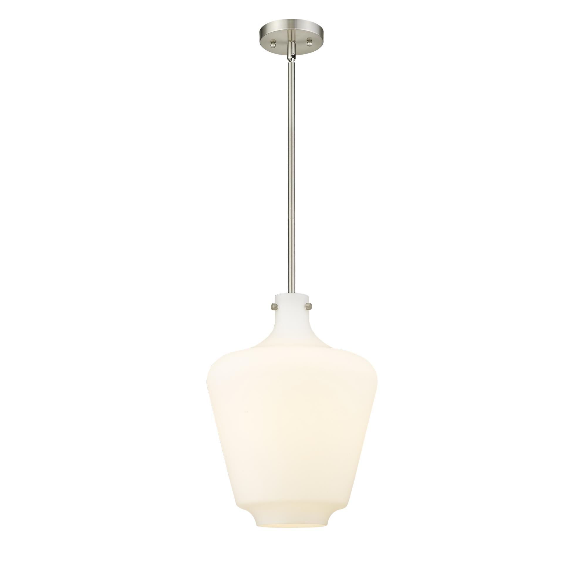 Shown in Brushed Satin Nickel finish and Matte White Cased Lowell glass