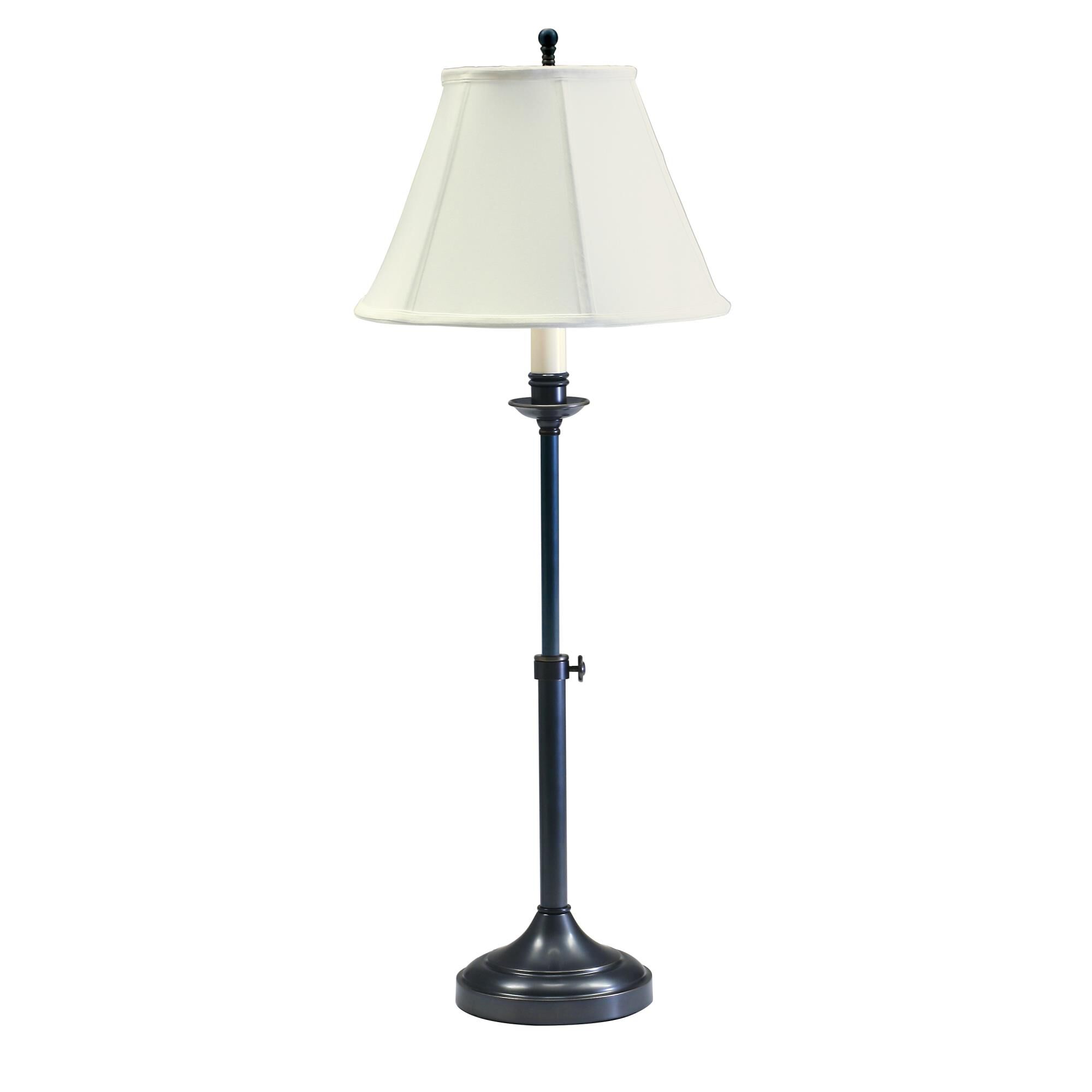 Shown in Oil Rubbed Bronze finish and Off-White Linen Softback shade
