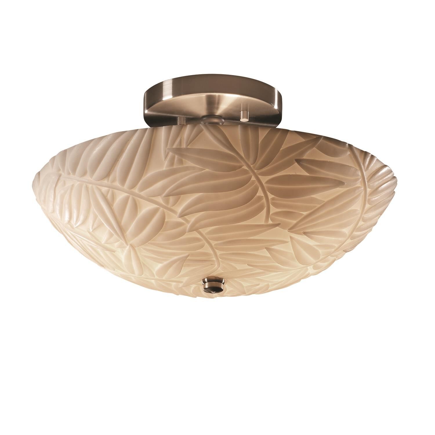 Shown in Brushed Nickel finish and Faux Porcelain Resin glass and Bamboo shade and Round Bowl accent
