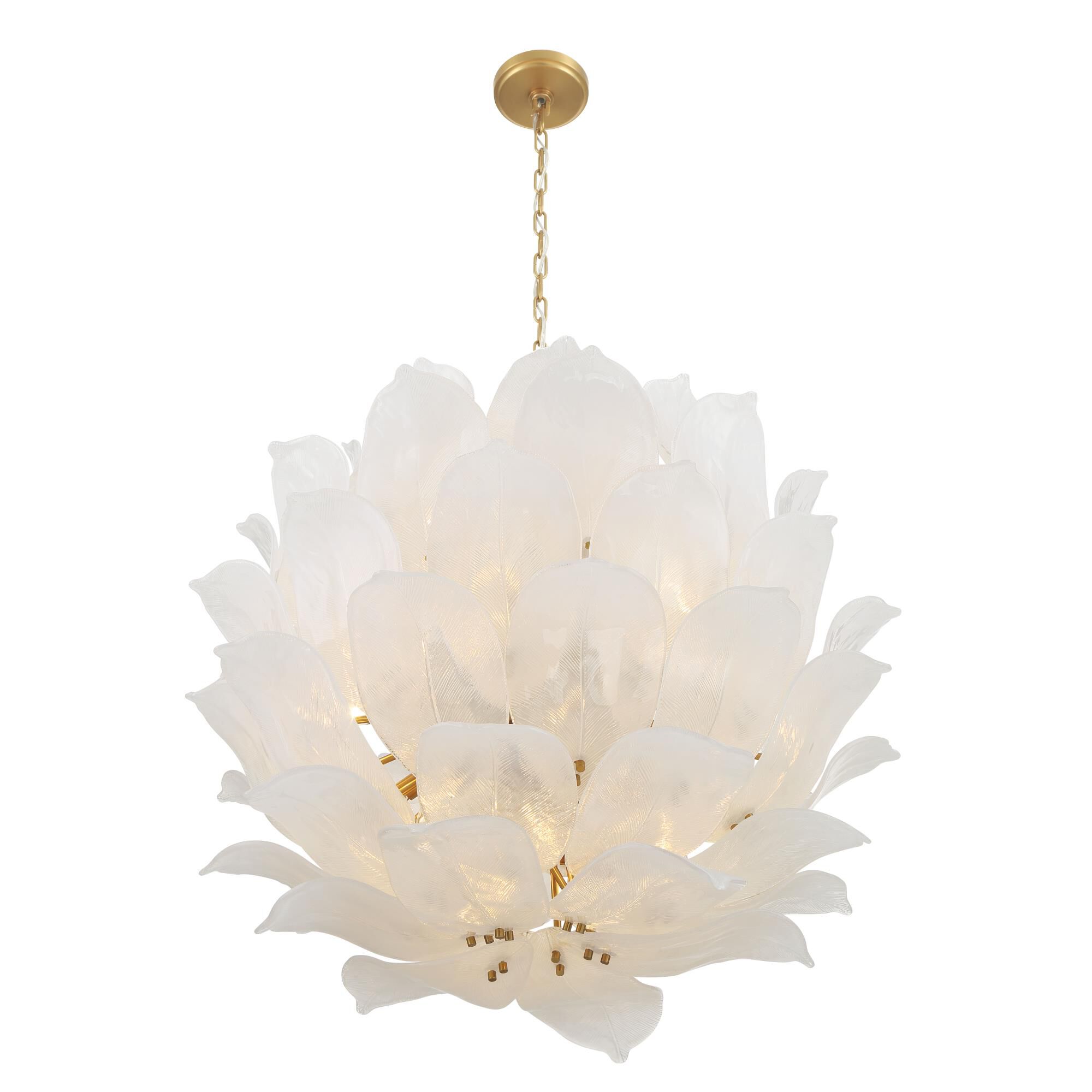 Shown in Legacy Brass finish and White Handmade glass