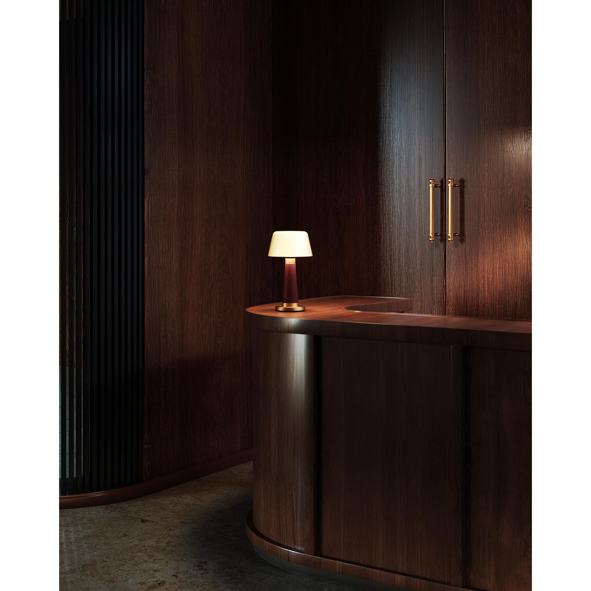 Shown in Burgundy finish and Opal glass