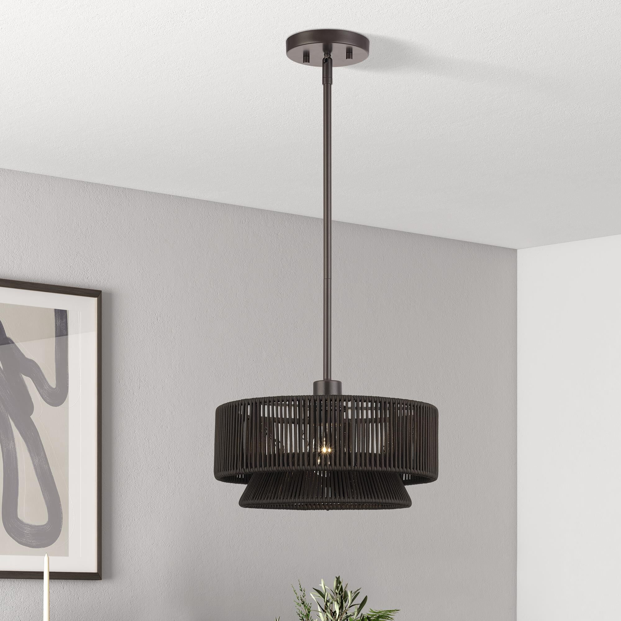 Shown in English Bronze finish and Hand-Woven Dark Chocolate Color Polyester Rope shade