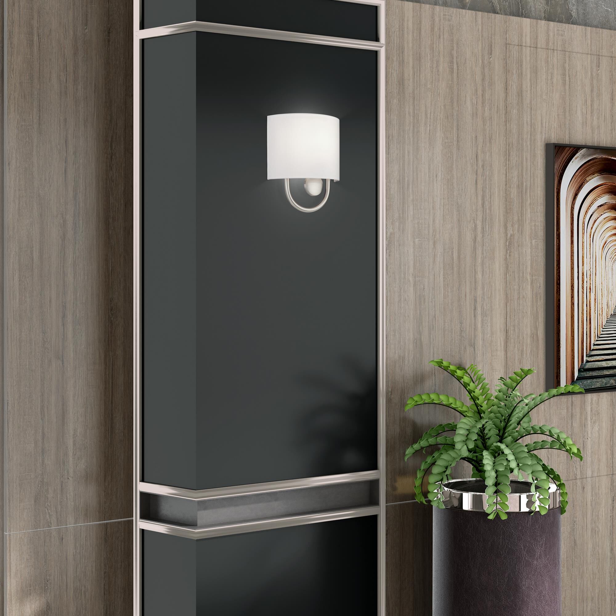 Shown in Brushed Nickel finish and Hand Crafted Off-White Fabric Hardback with White Fabric Inside shade