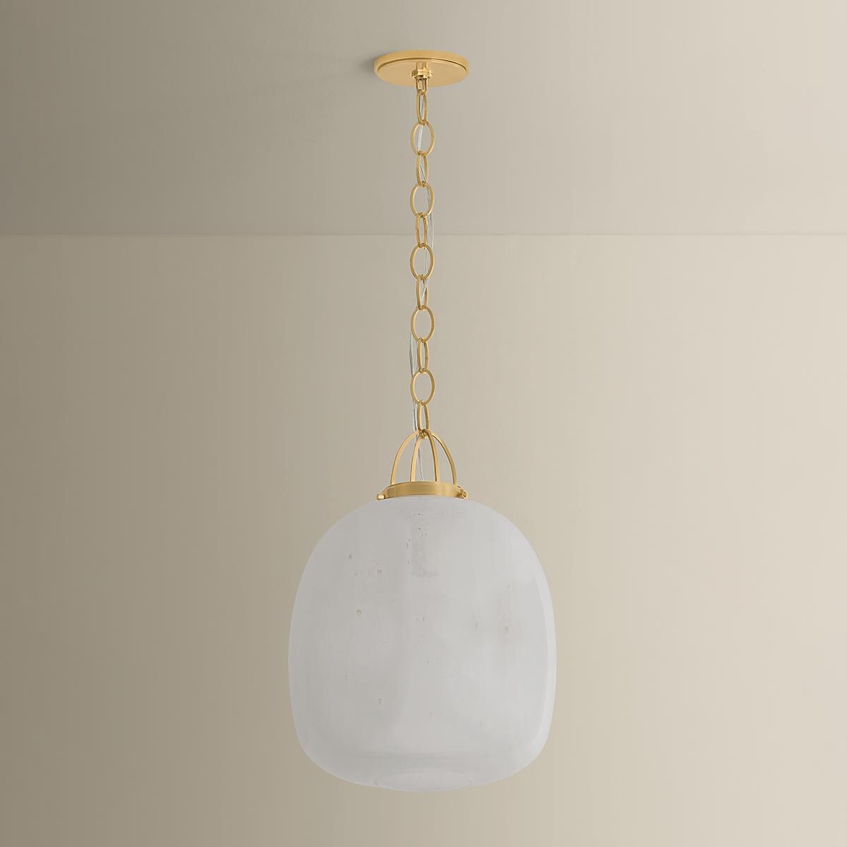 Shown in Aged Brass finish and Clear Cloud Seeded glass