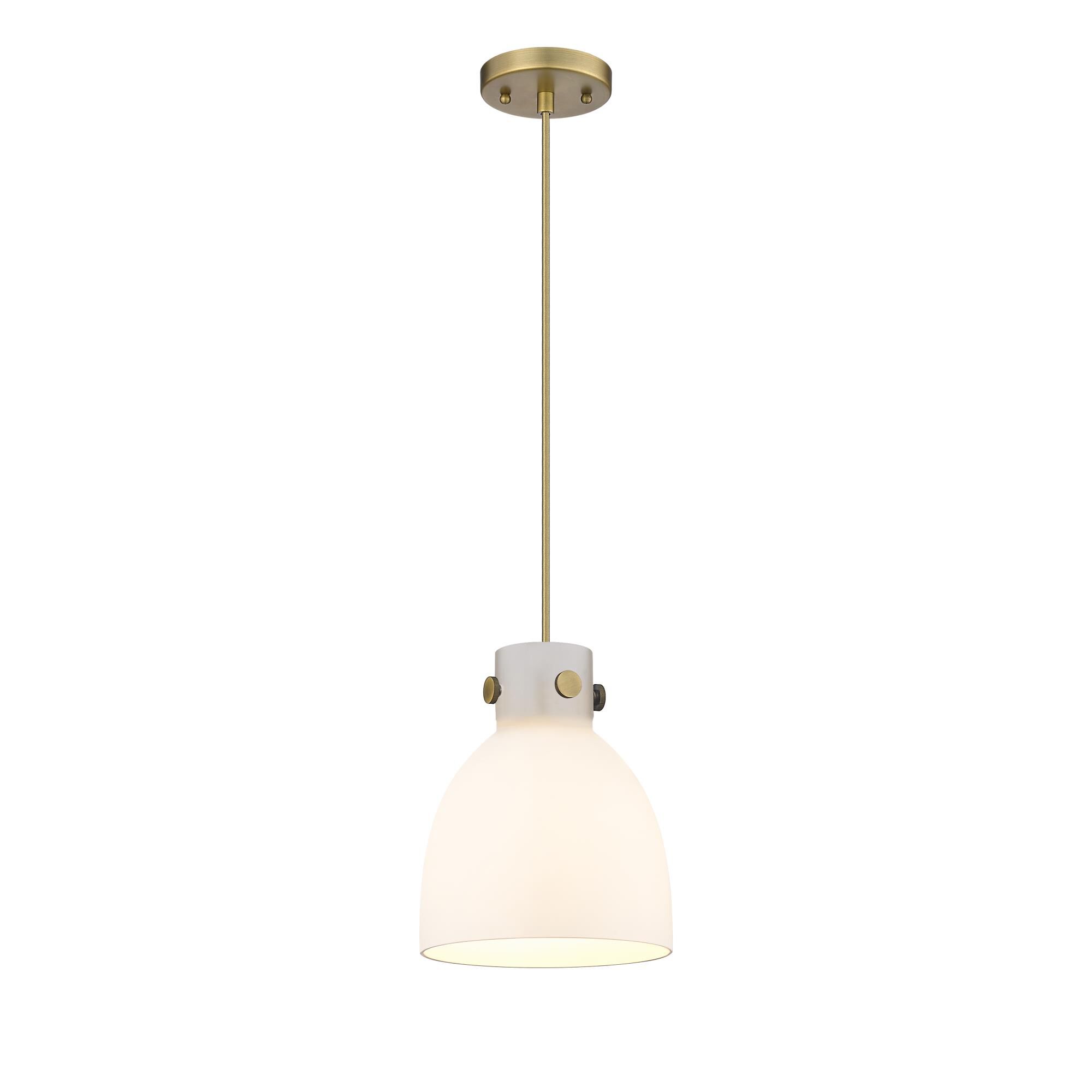 Shown in Brushed Brass finish and Matte White glass