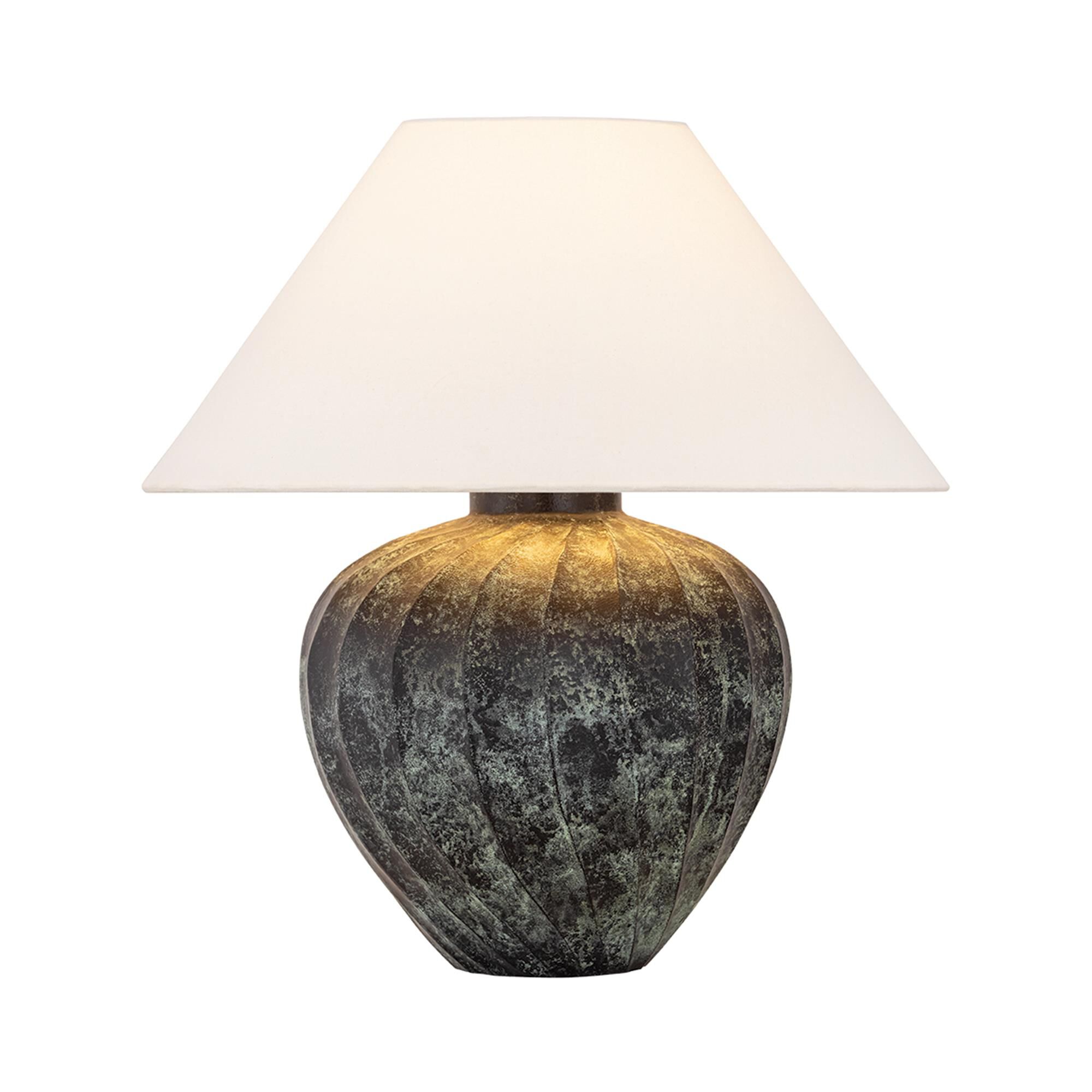 Shown in Patina Brass finish and Off White Linen shade