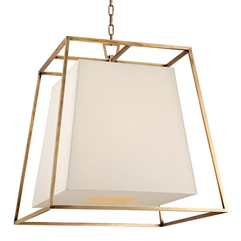 Shown in Aged Brass finish and White Faux Silk shade