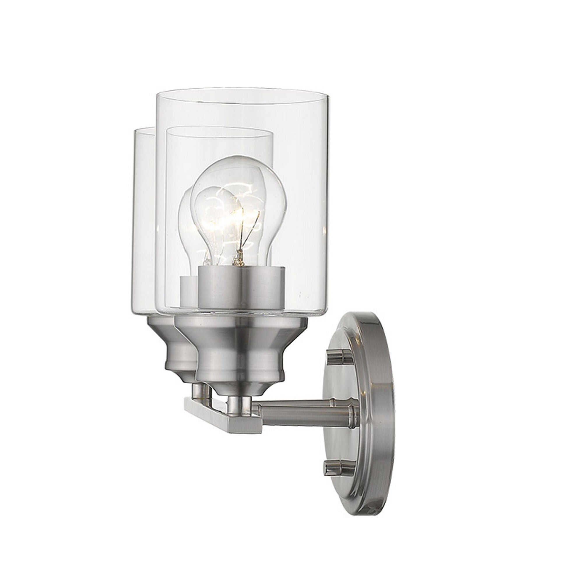 Shown in Satin Nickel finish and Clear glass and Clear, Cylindrical Glass s shade