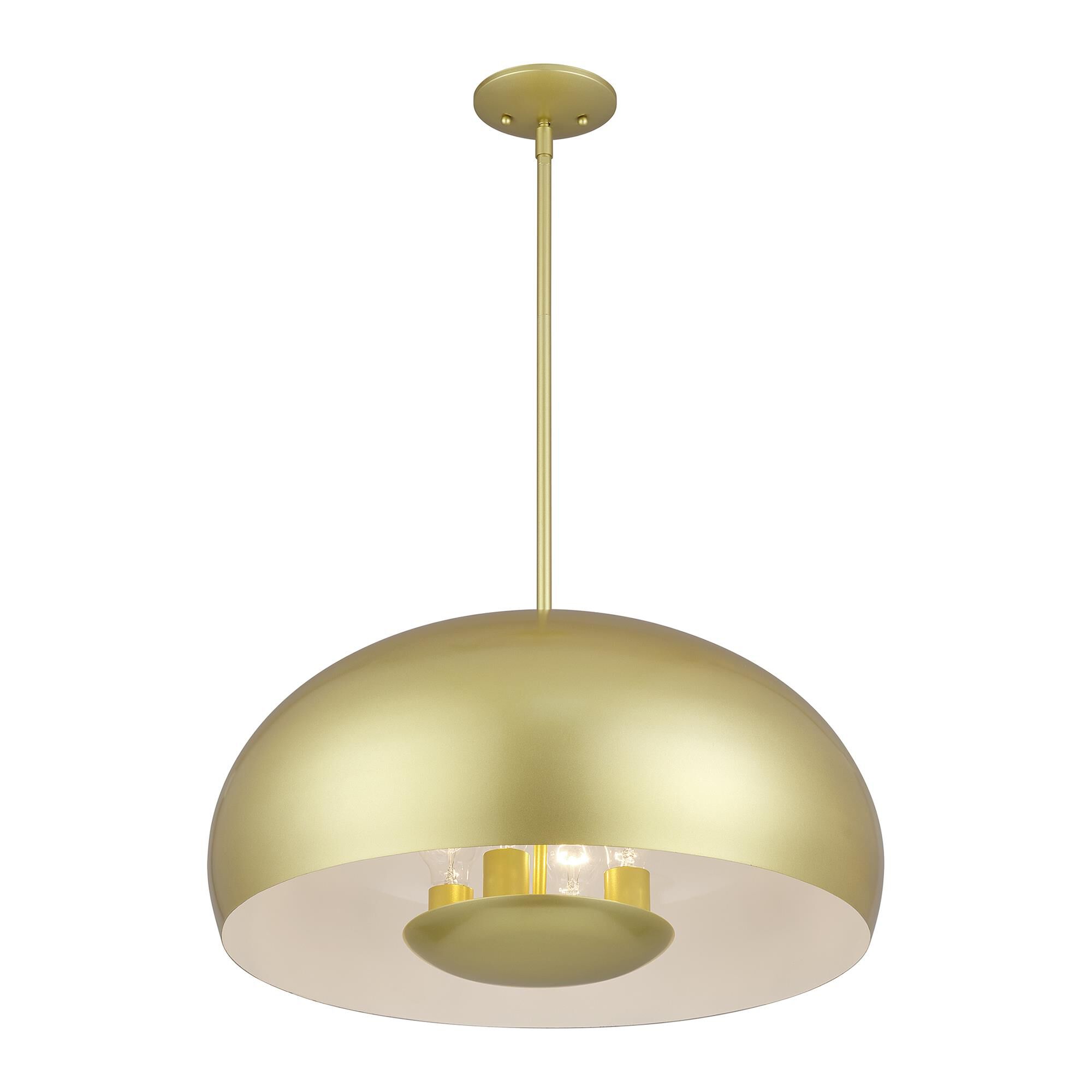 Shown in Soft Gold finish and Soft Gold Steel with Shiny White Inside shade