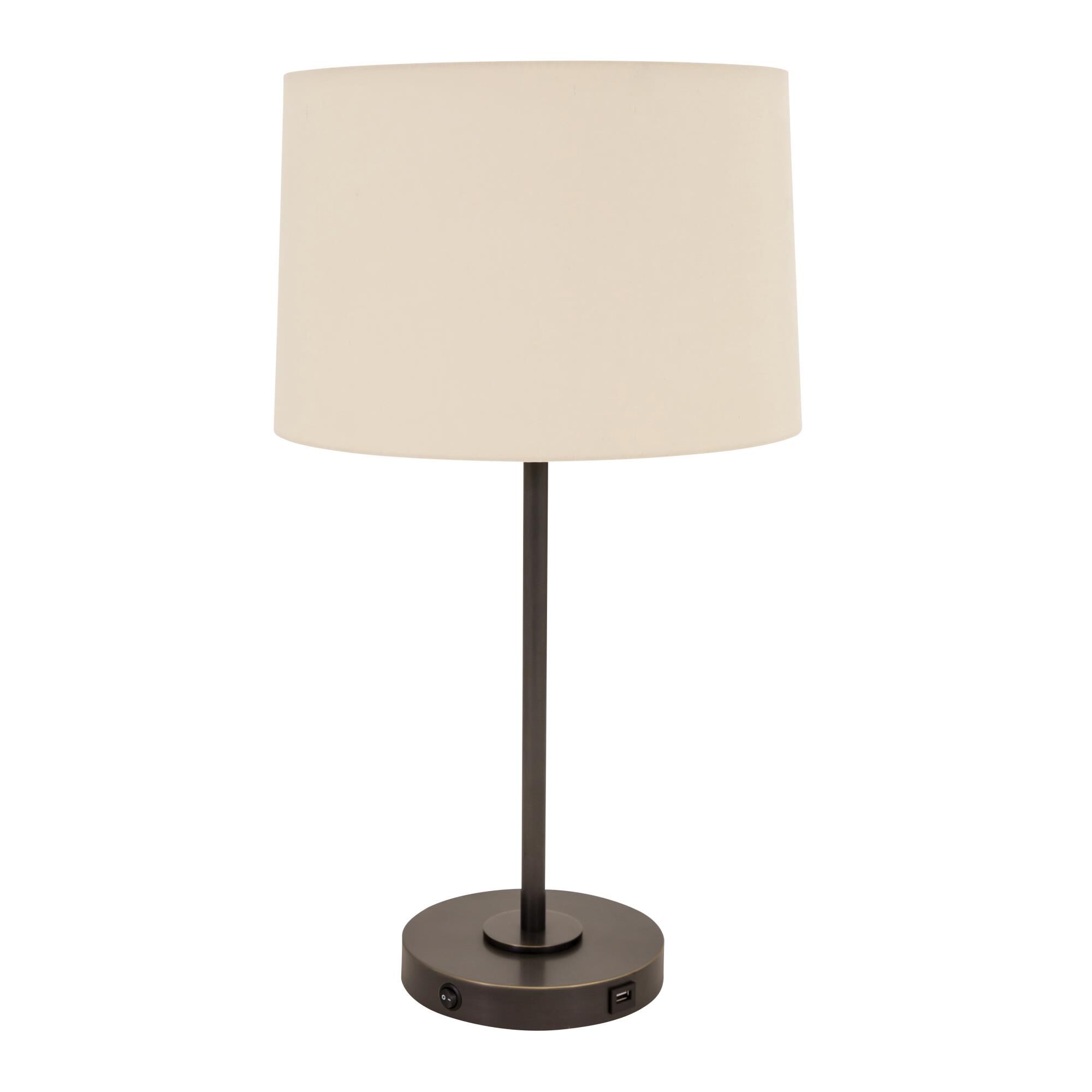 Shown in Oil Rubbed Bronze finish and Off White Linen Hardback shade