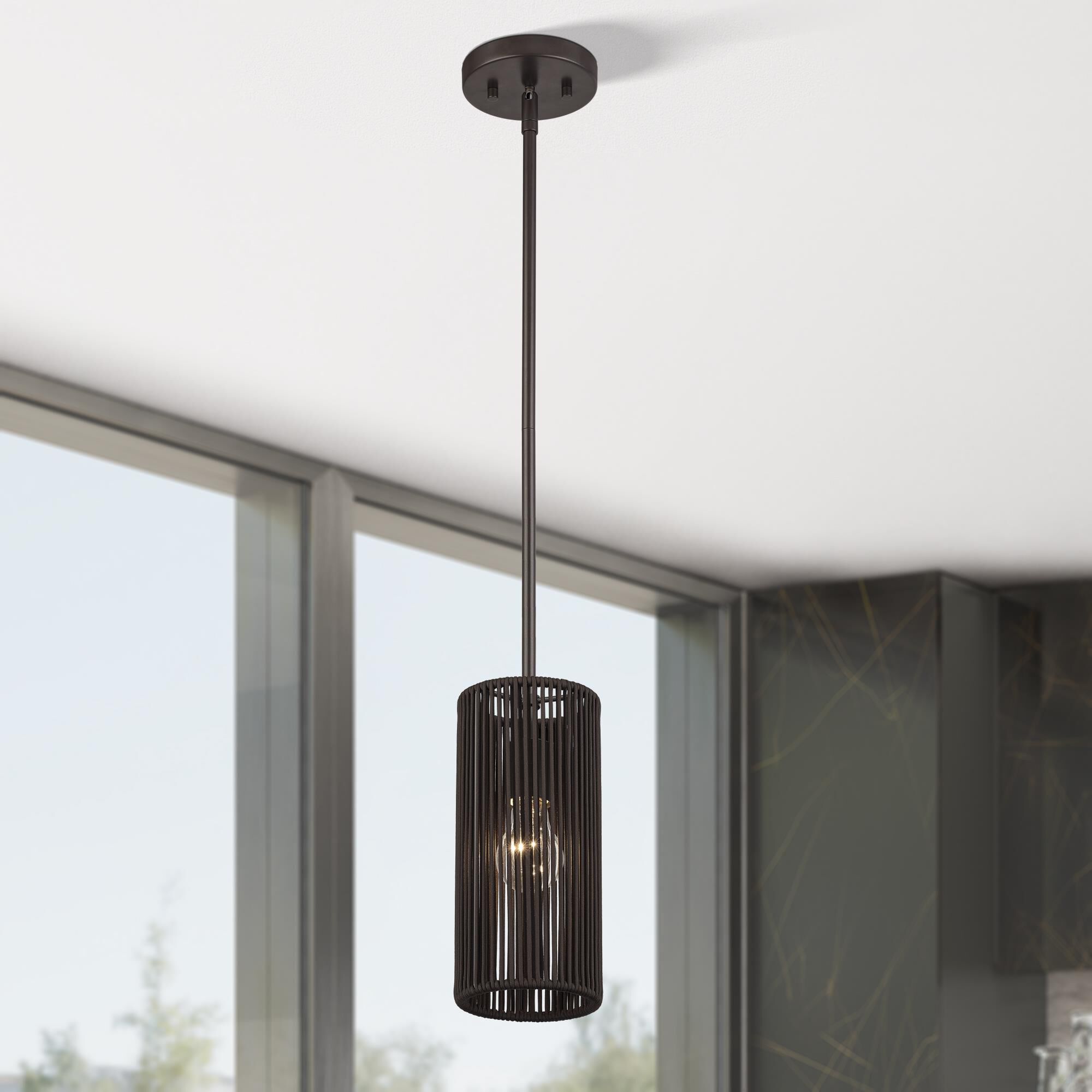 Shown in English Bronze finish and Hand-Woven Dark Chocolate Color Polyester Rope shade