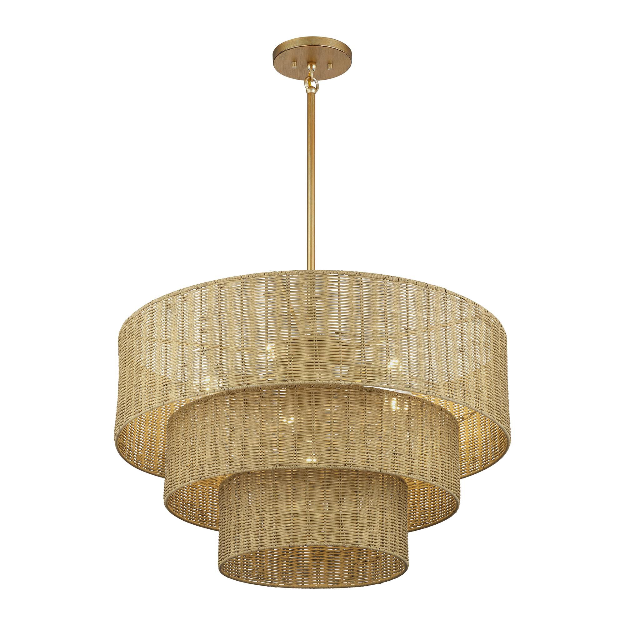 Shown in Antique Gold Leaf finish and Hand-Woven Rustic Walnut Color Rattan shade