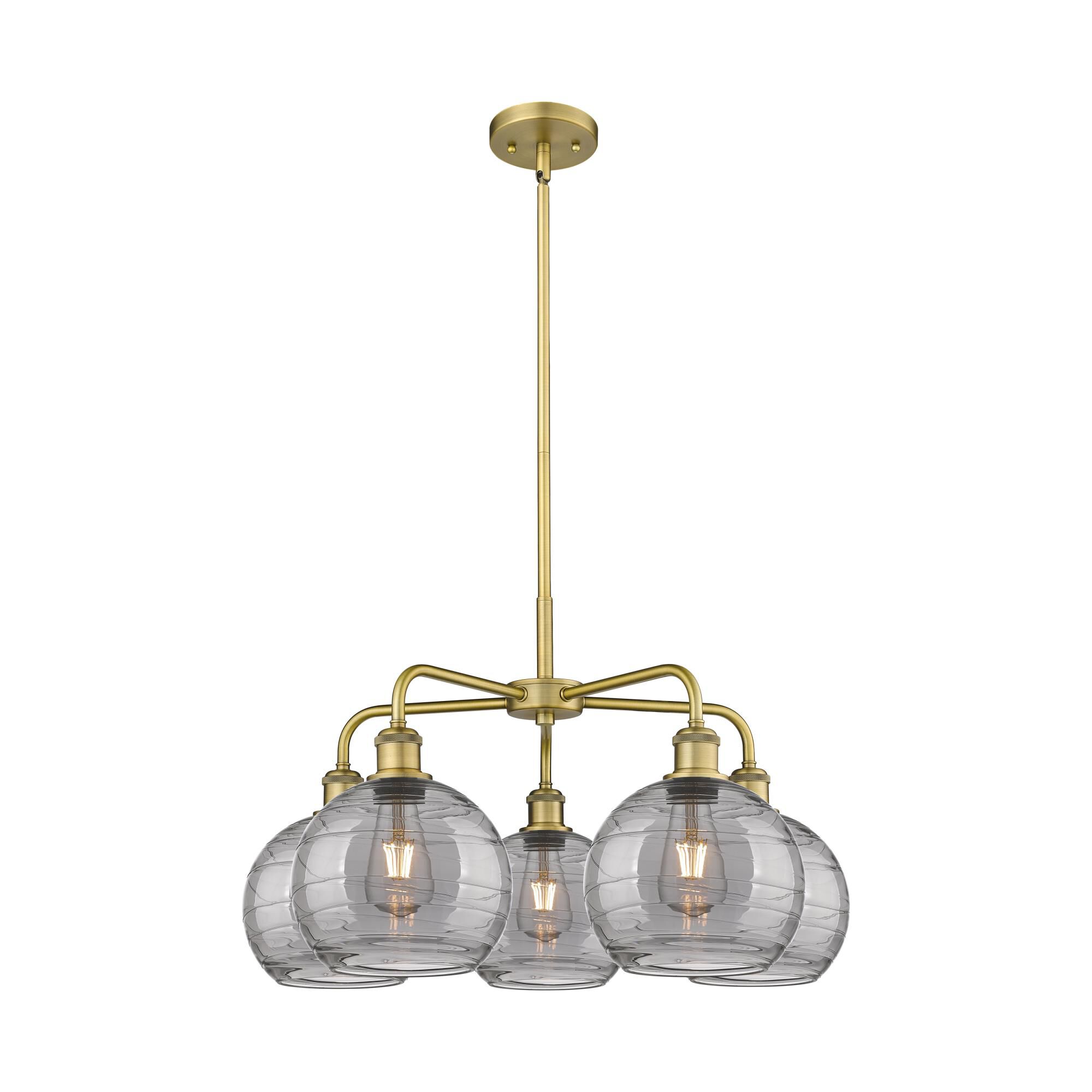 Shown in Brushed Brass finish and Light Smoke Deco Swirl glass