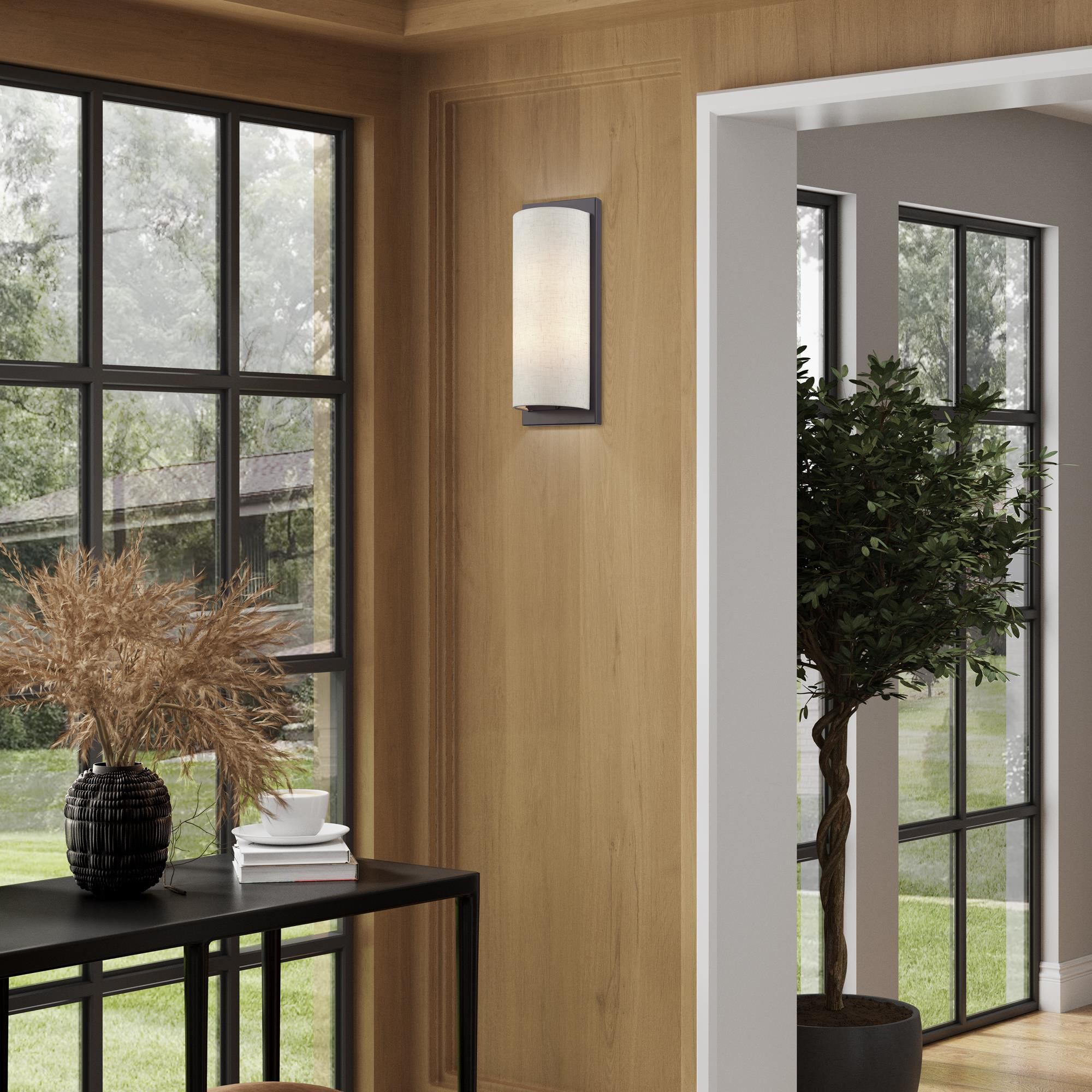 Shown in English Bronze finish and Hand Crafted Oatmeal Color Hardback with White Fabric Inside shade