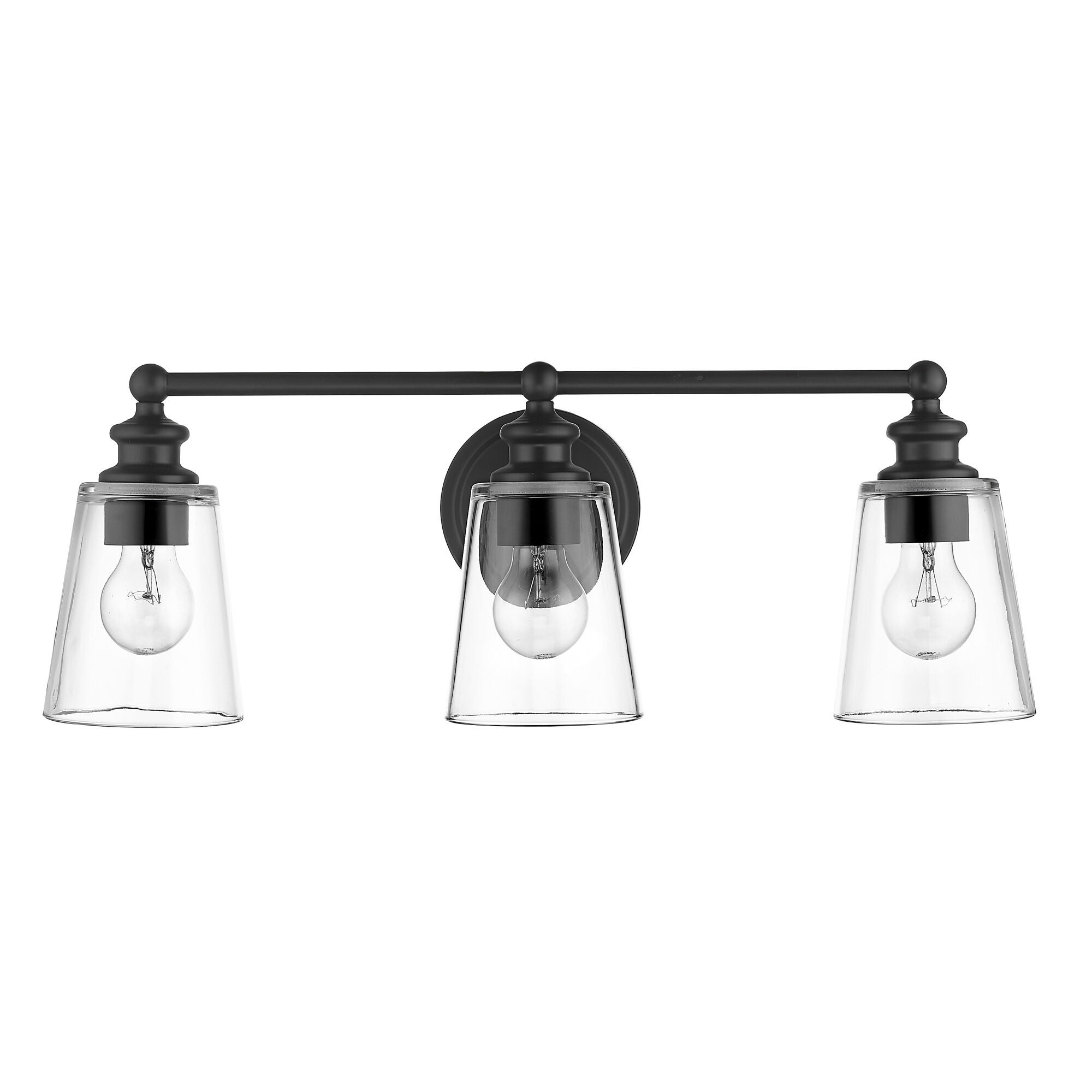 Shown in Matte Black finish and Clear glass and Clear, Cone Shaped Glass shade