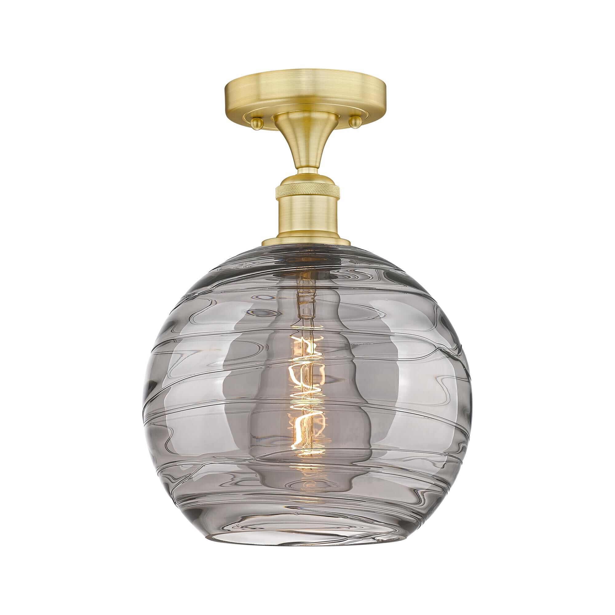 Shown in Satin Gold finish and Light Smoke Deco Swirl glass