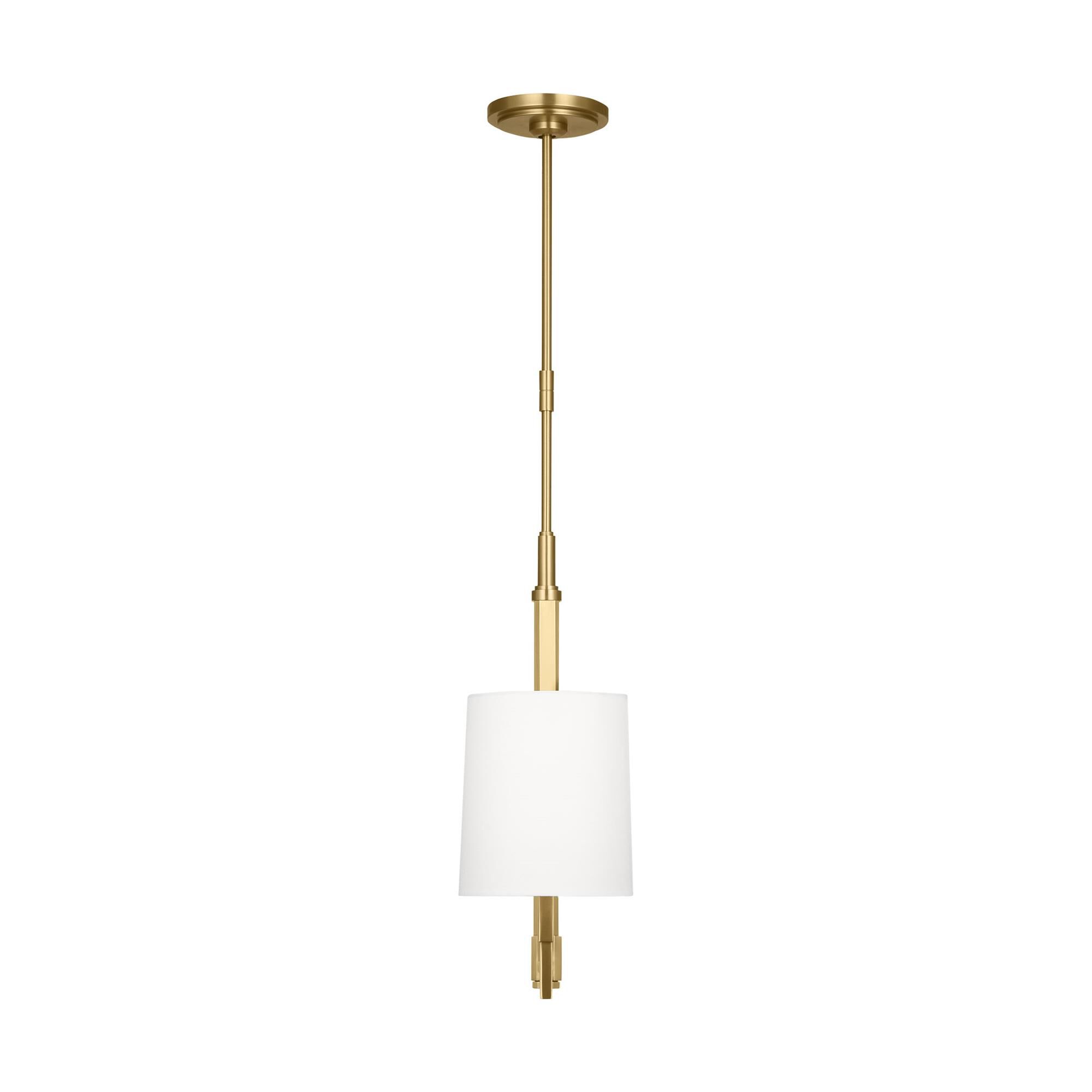 Shown in Burnished Brass finish and White Linen shade