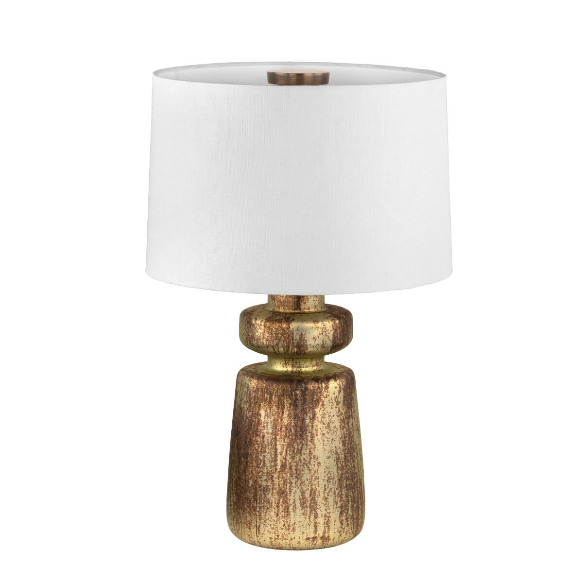 Shown in Patina Brass finish and White Linen Fabric shade