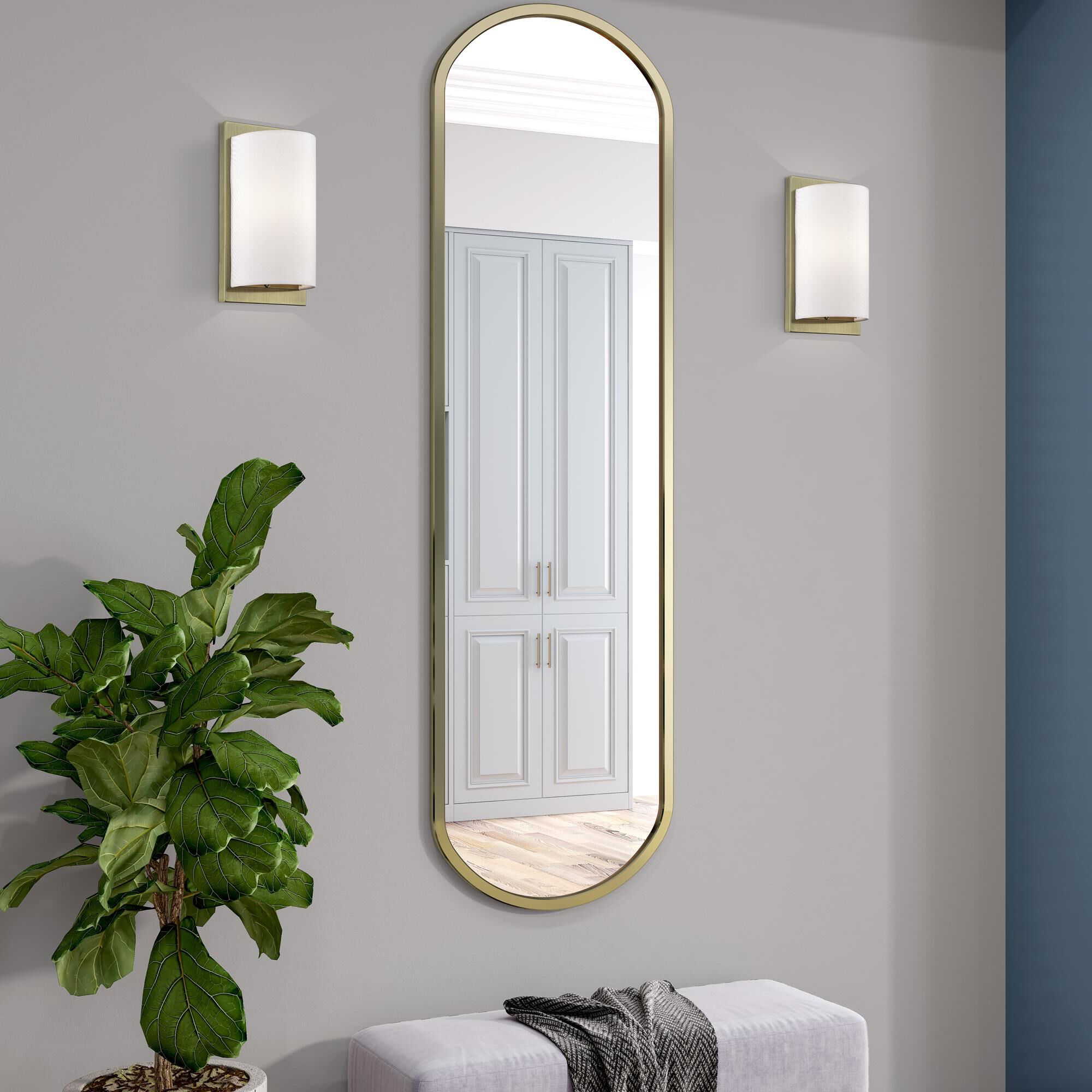 Shown in Antique Brass finish and Hand Crafted Off-White Fabric Hardback shade