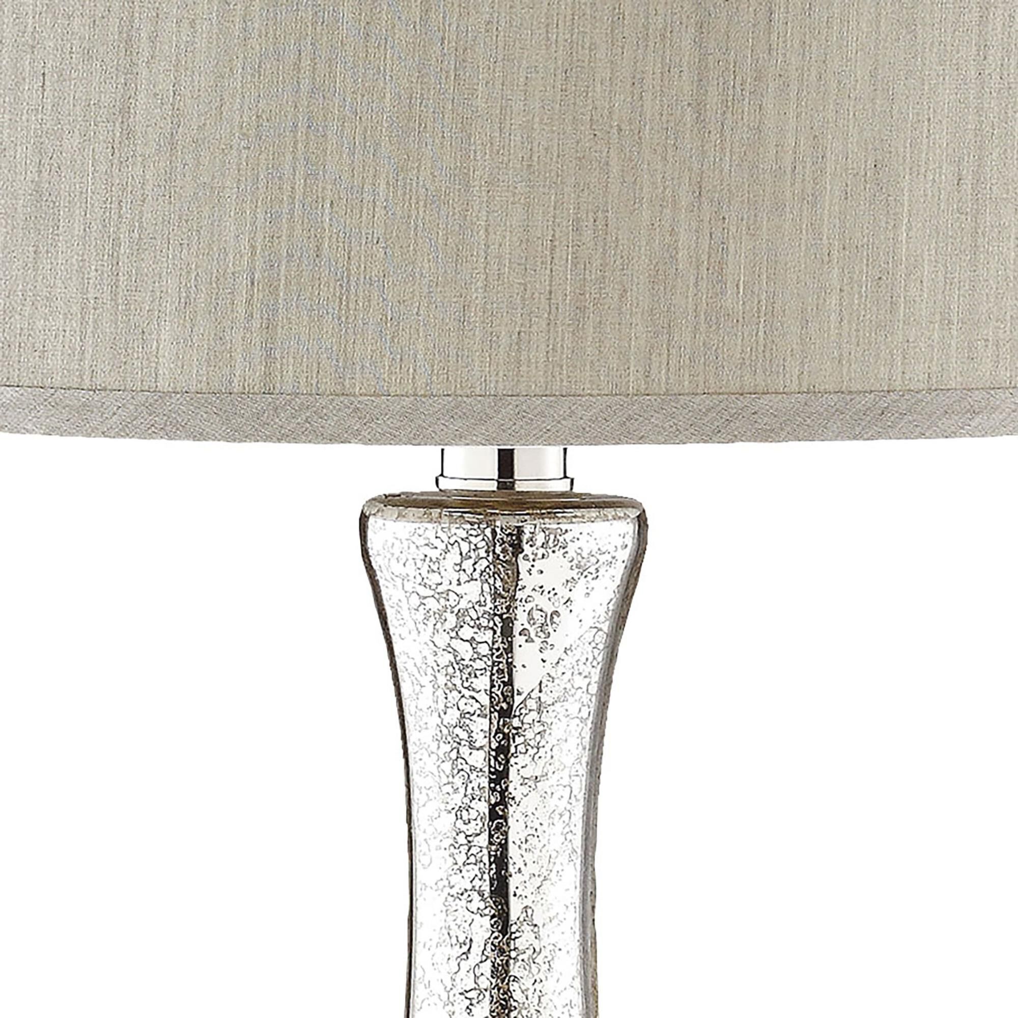 Shown in Antique Mercury finish and Gray Faux Silk Drum Shade glass and Gray Faux Silk Drum shade
