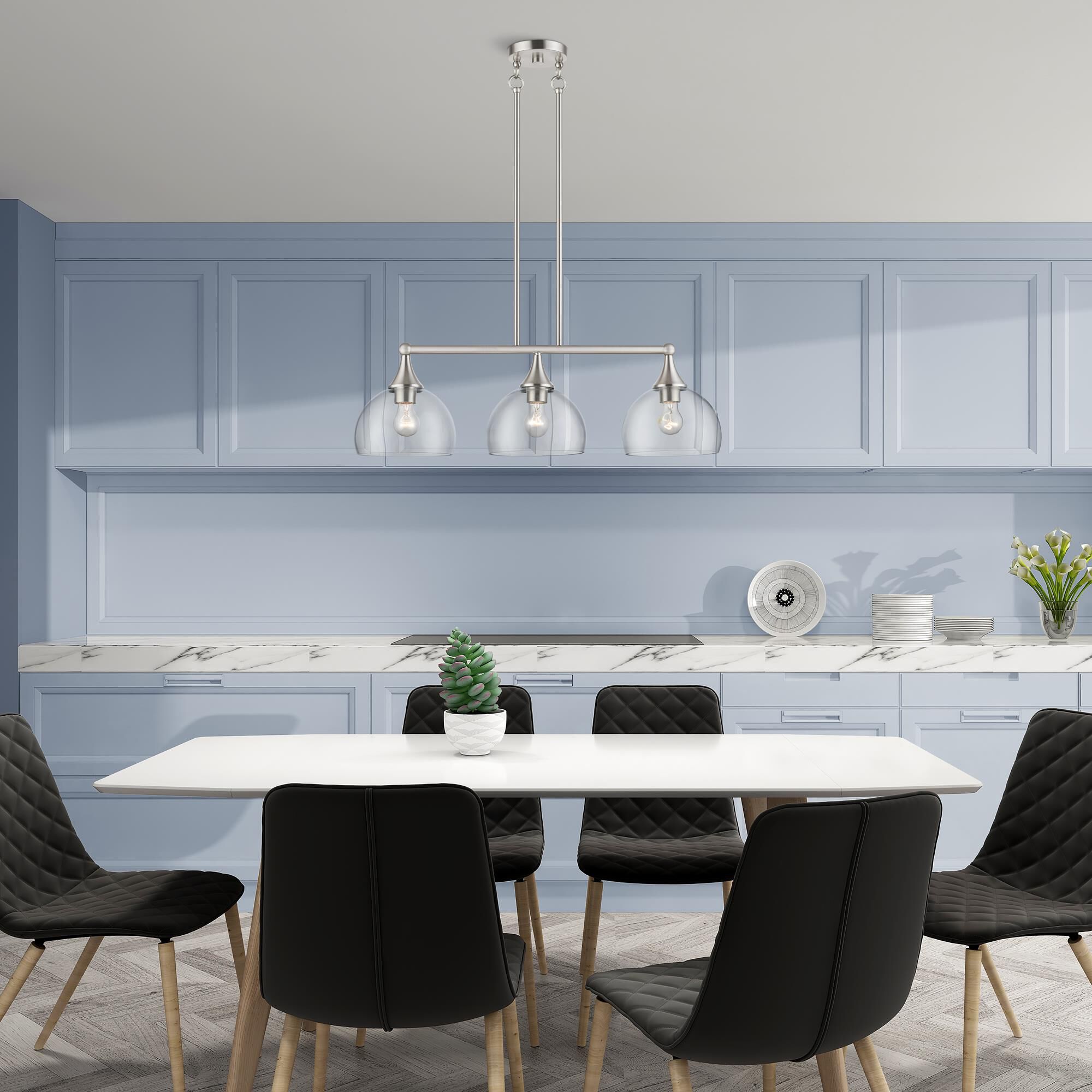 Shown in Brushed Nickel finish and Clear Hand Blown glass