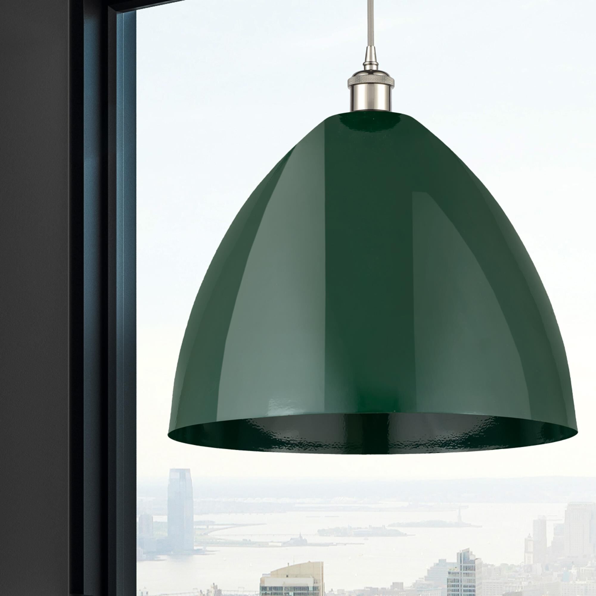 Shown in Polished Nickel finish and Green Plymouth Dome shade
