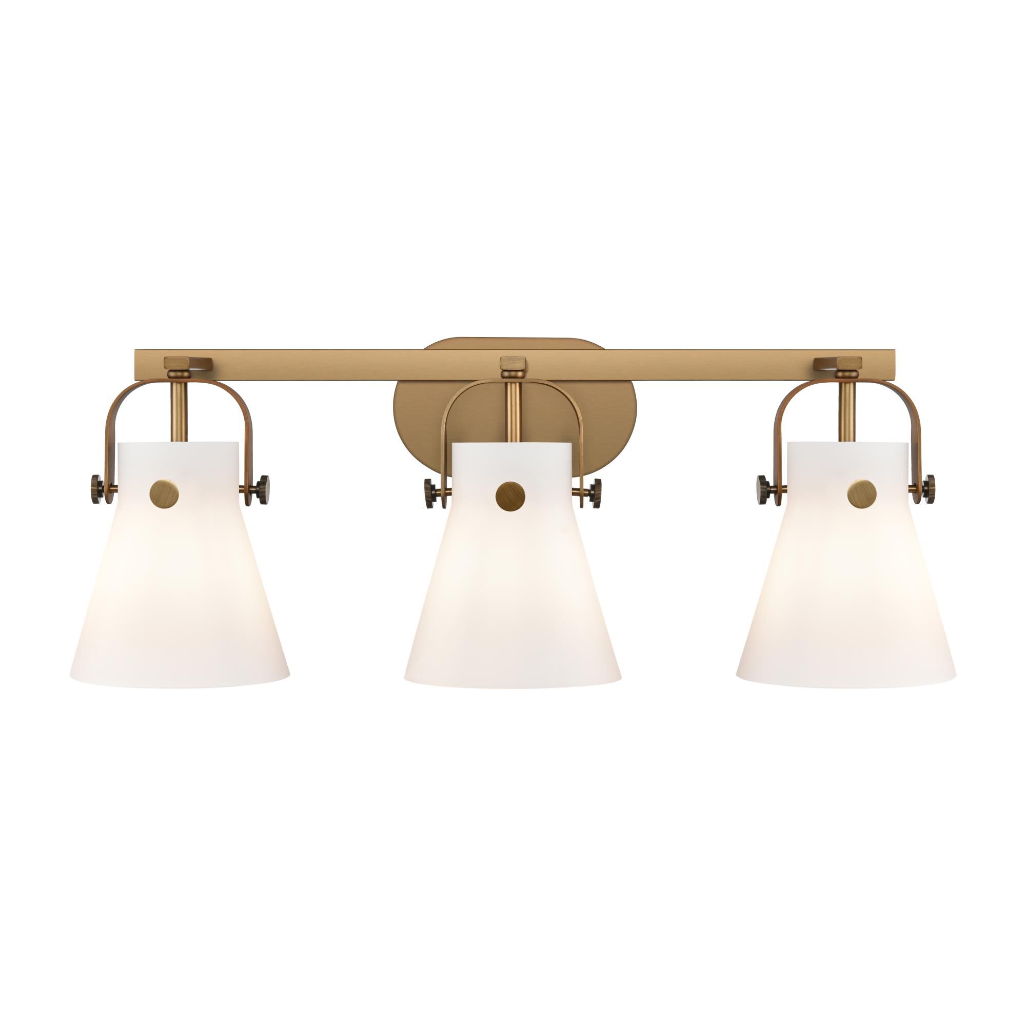 Shown in Brushed Brass finish and Matte White glass and Matte White Glass shade