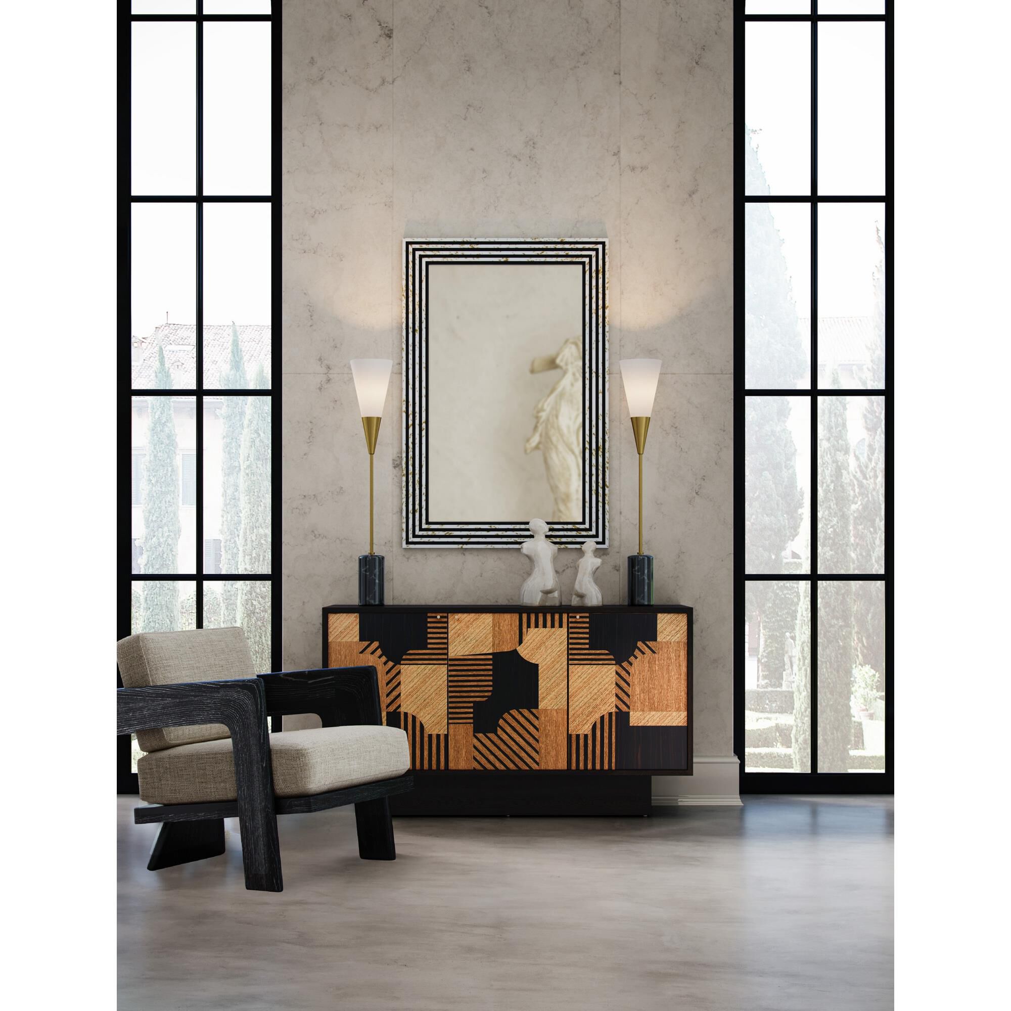 Shown in Brushed Brass and Natural finish and Off White Shantung shade