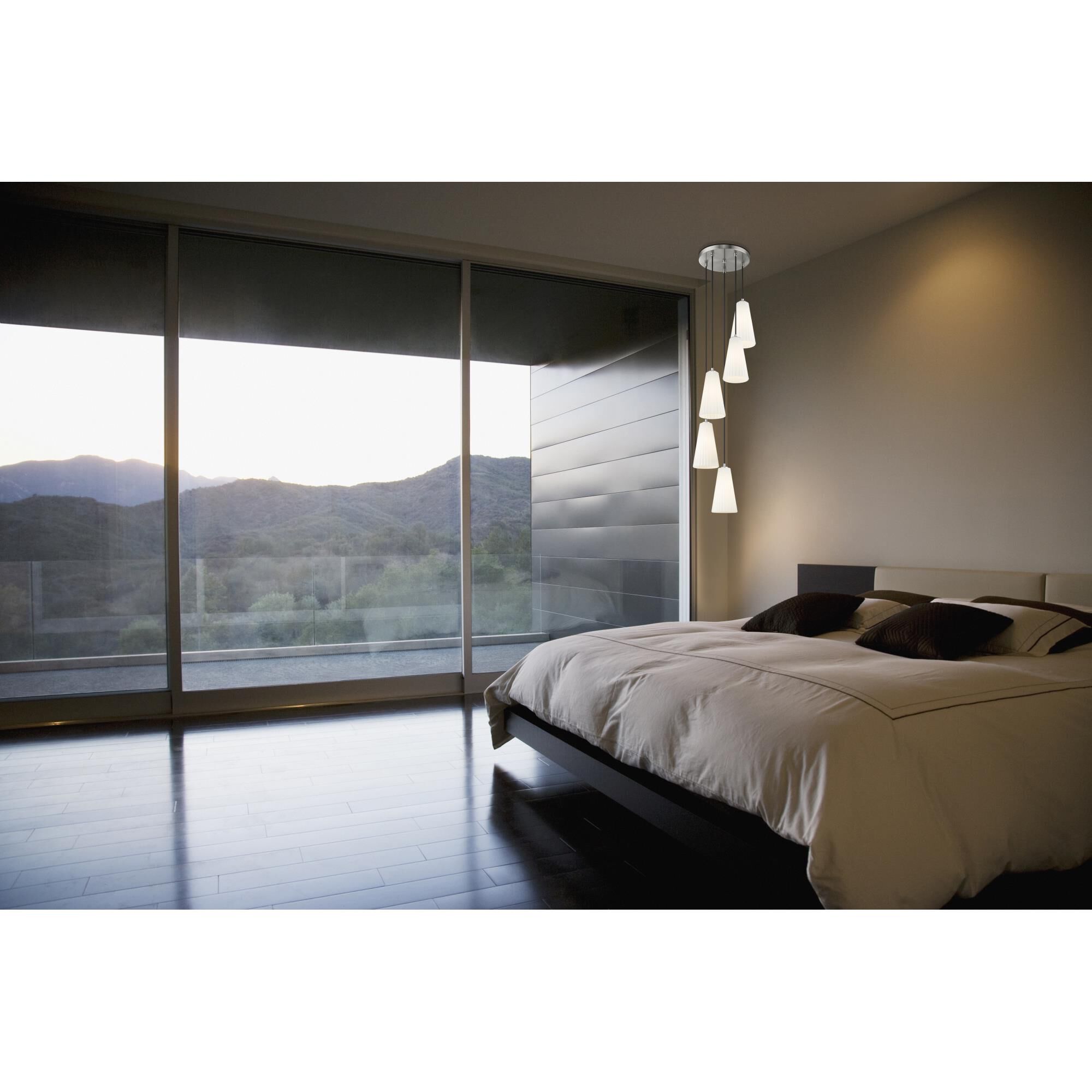 Shown in Brushed Nickel finish and White glass and White shade