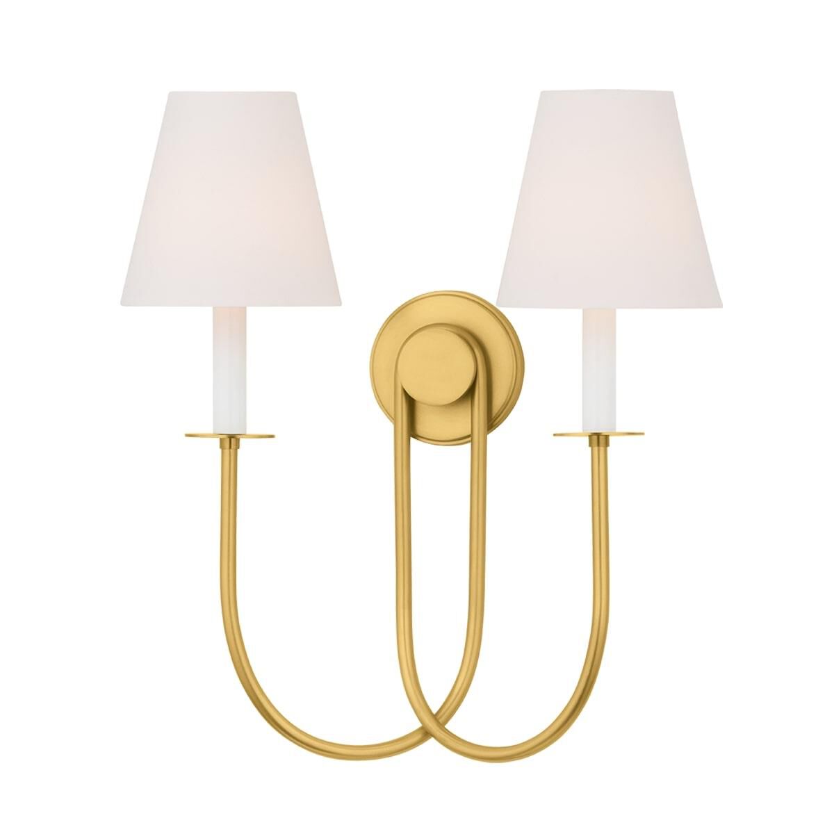 Shown in Aged Brass finish and White Linen shade