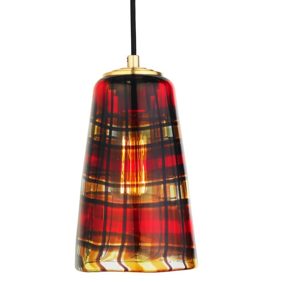 Shown in Brass finish and Tartan Amber glass