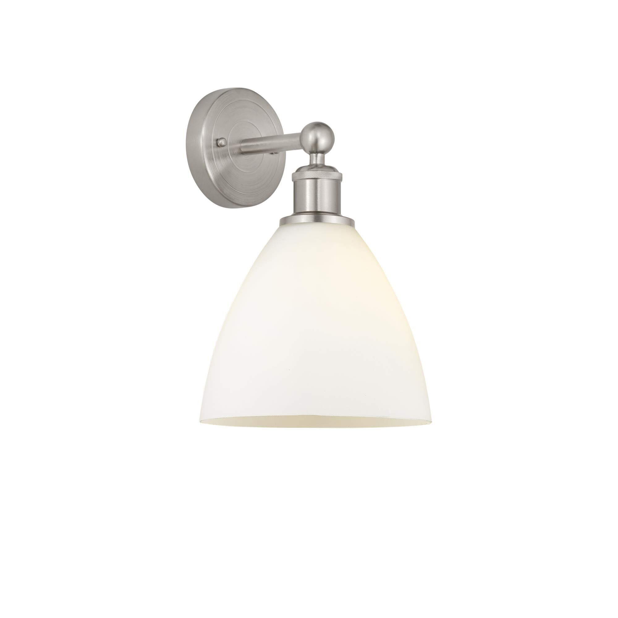 Shown in Brushed Satin Nickel, Matte White finish and Matte White glass and Matte White Glass shade