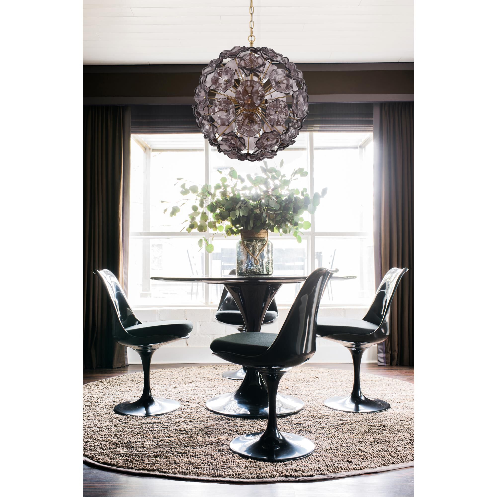 Shown in Aged Brass finish and Floral Petals Smoked glass