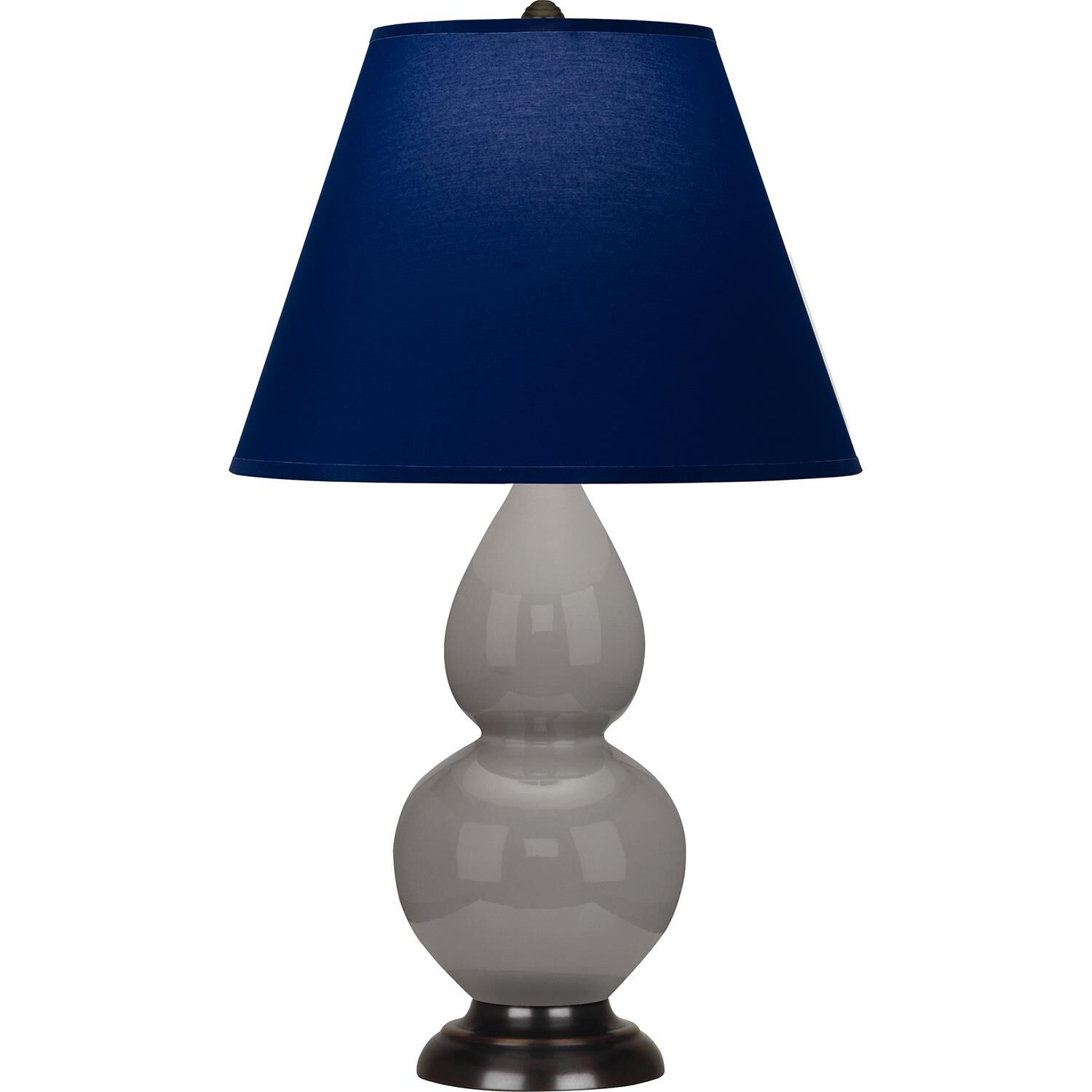 Shown in Smokey Taupe finish and Navy and Gray shade and Antique Natural Brass accent