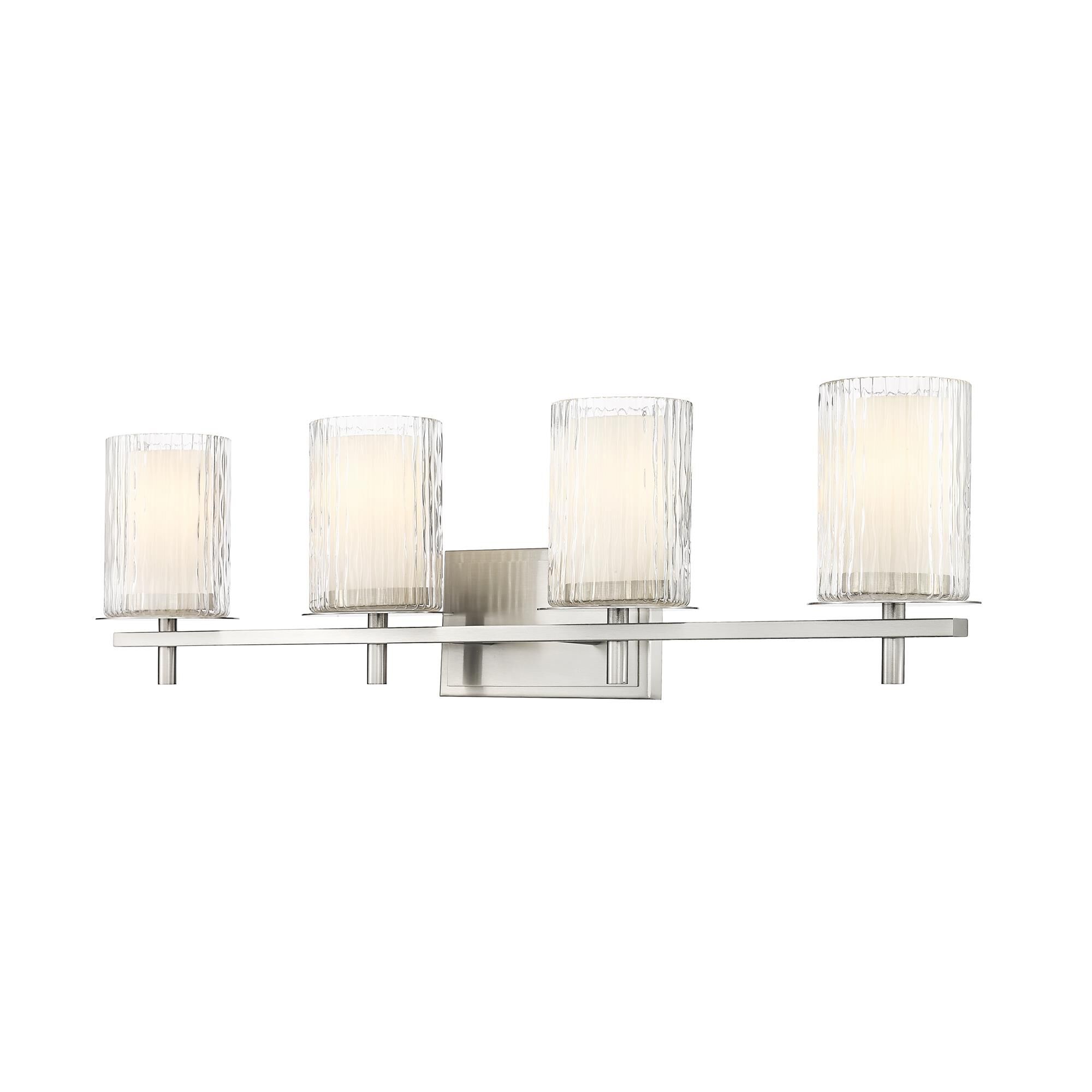 Shown in Brushed Nickel finish and Clear + Etched Opal glass and Clear + Etched Opal shade