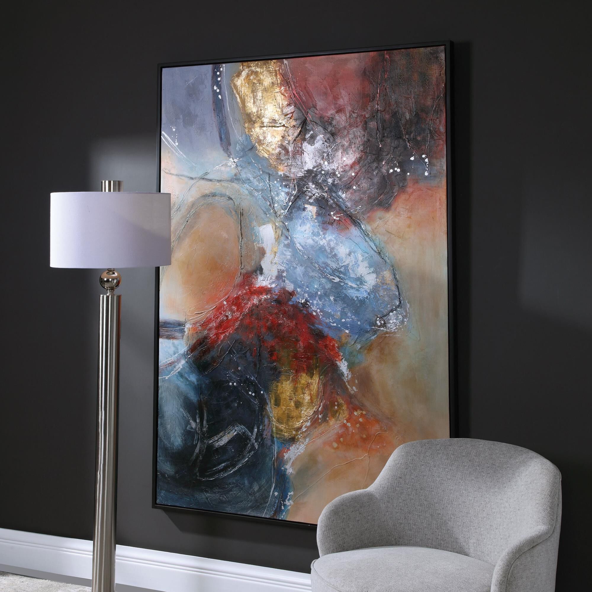 Shown in Hand Painted Abstract, Matte Black Gallery Frame, Orange, Red, Blue, Silver Leaf finish