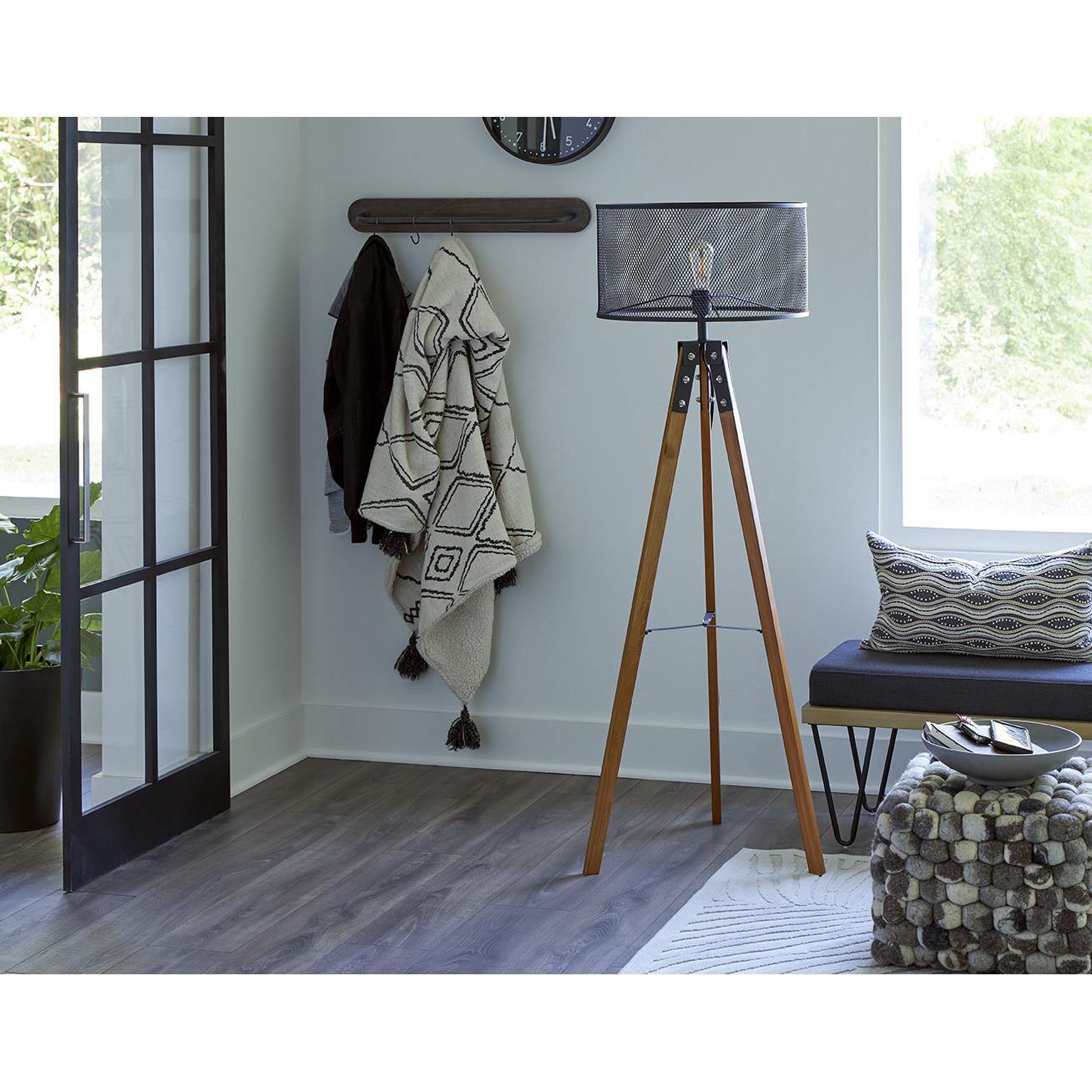 Shown in Matte Black finish and Black glass and Black Iron Mesh Drum shade