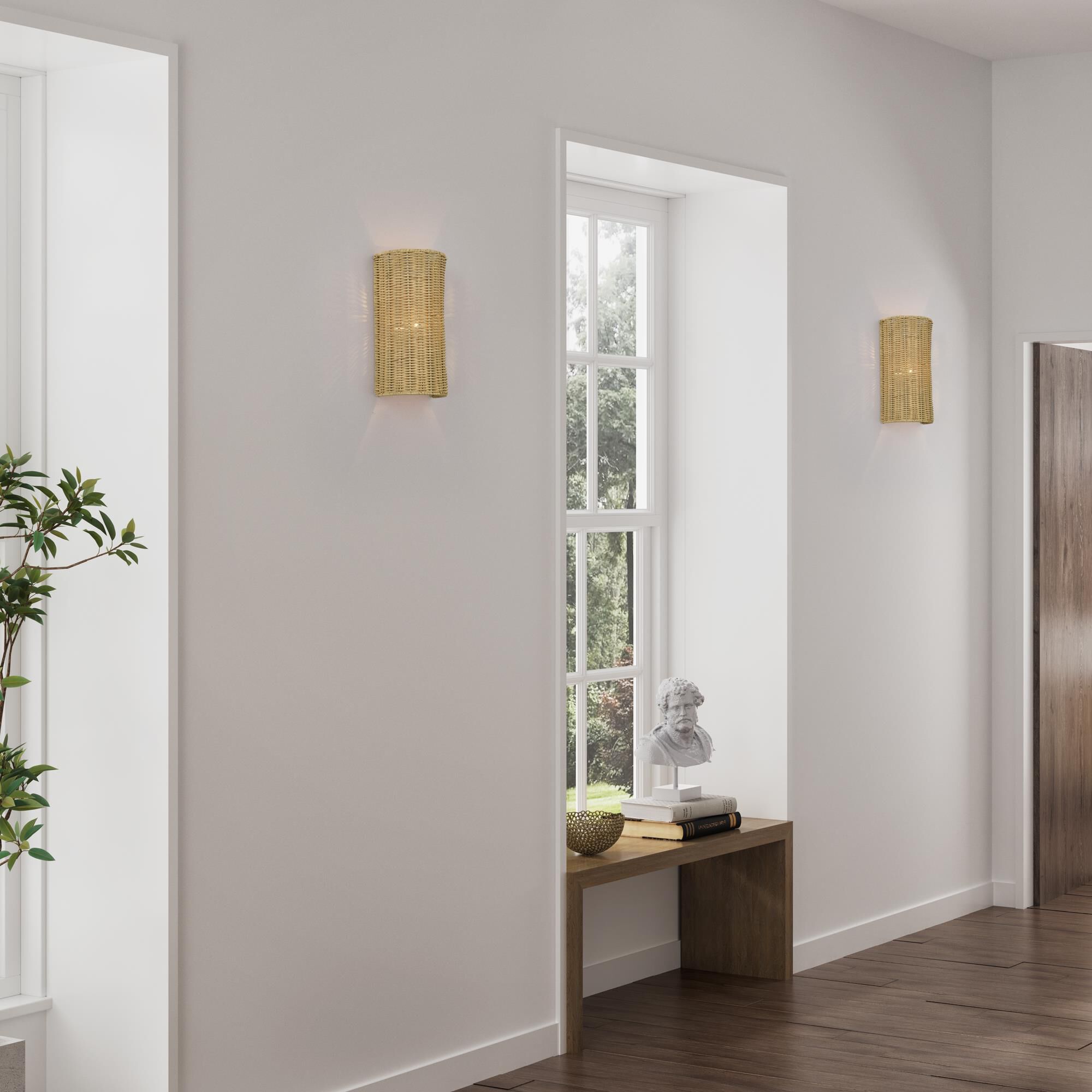 Shown in Antique Gold Leaf finish and Hand-Woven Rustic Walnut Color Rattan shade